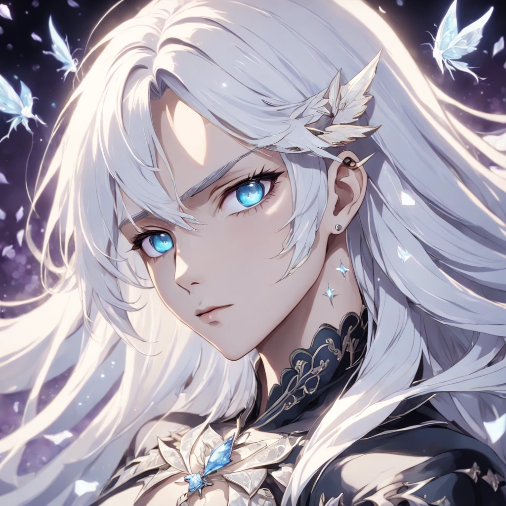 anime, flat vector art, {stunningly gorgeous Male Angel Vampire}, Luminous Studio graphics engine, goth Renaissance, long pure white hair, ethereal slit irises, perfect and detailed angular sharp diamond shaped human face, white, white roses, full lips, {pure white defined eyebrows}, freesia,glimmer, detailed background, sharp focus, white glitter, aquamarine gems, perfect anatomy, extremely detailed illustration, approaching perfection, royaltycore, dynamic, intricate details, ultra-high definition, 32k resolution, glamour, glimmer, ethereal, {art by Ayami Kojima}, {art by Heise}, aesthetic, gothic, Lace, smooth, dreamy, backlit, fantastical, shadows, smooth, illustration