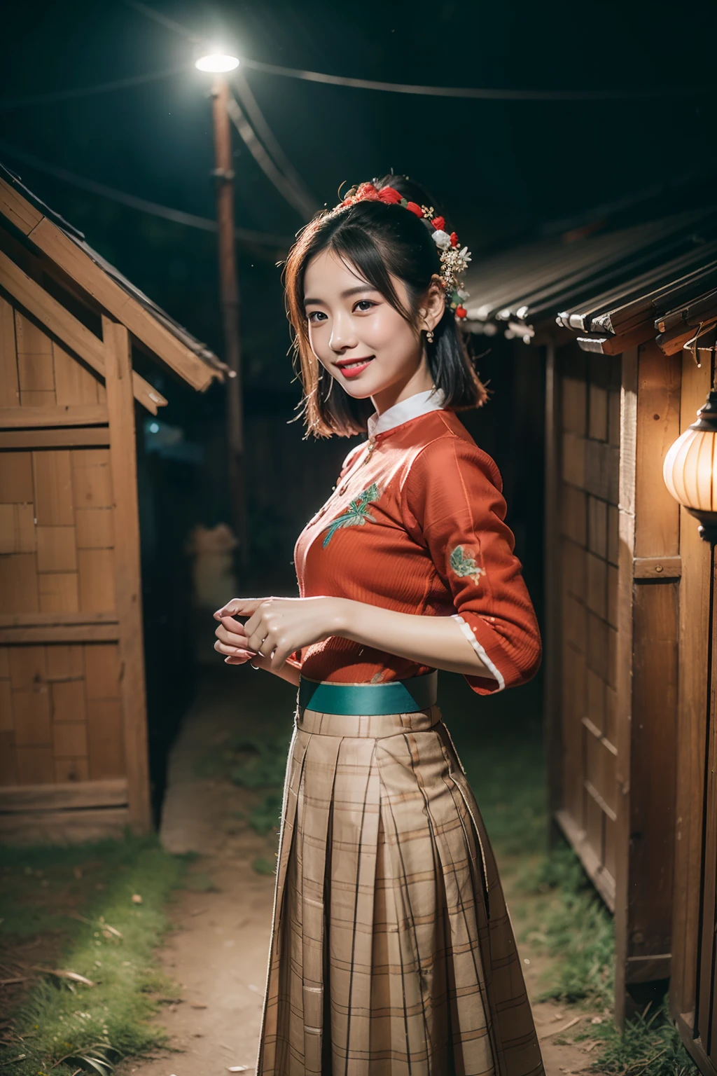 (8K分辨率,Vista full body photo),(1womanl,20yr old,(Facial features of Thai Aom:1.8,s delicate face),Lovely face,详细的脸,Long black hair,Coiled(Messy has layers),Redlip,Fair smooth skin,(Traditional Hmong women's clothing:1.4,(pleatedskirt,There is a waistband(Huge amount of silver jewelry、Miao embroidery、batik),breastsout、The back is trimmed with floral cloth,The cuffs are multi-colored horizontal bars,Cardigans,Silver jewelry on the head。Wear short waist-length,Under the pleated skirt),Tall and tall,The action of conversation,perfect hand,Ultra-fine clothing material),(Traditional Xijiang Miao village,Festive party night background in cottage house,Exquisite environmental details),(exhilarated,confident smile,Rejoice),(profesional lighting,动态照明),((The colors are more balanced,(white colors,Silvertone,blue colors,red colour))),(Golden section,Cinema lenses,Hasselblad photograp,tmasterpiece:1.3),(Miaozhai idol,Focus in the field,trendsetting,Folklore artist,Art platform)