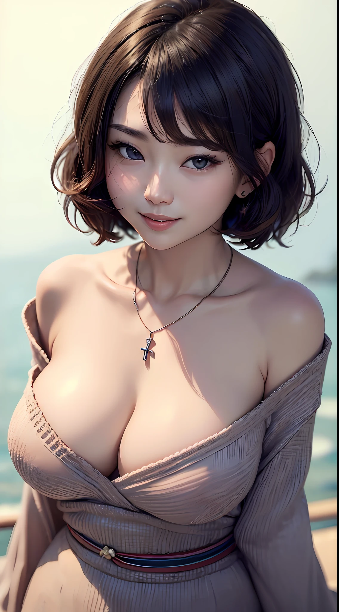 (top-quality、8k、32k、masterpiece、UHD:1.2)、Photo of a cute Japanese woman、large full breasts、very short bobbed hair、The upper part of the body、sface focus、oversized_sweater、a necklace、simple background、From above、looking at the viewers、japanes、a smile
