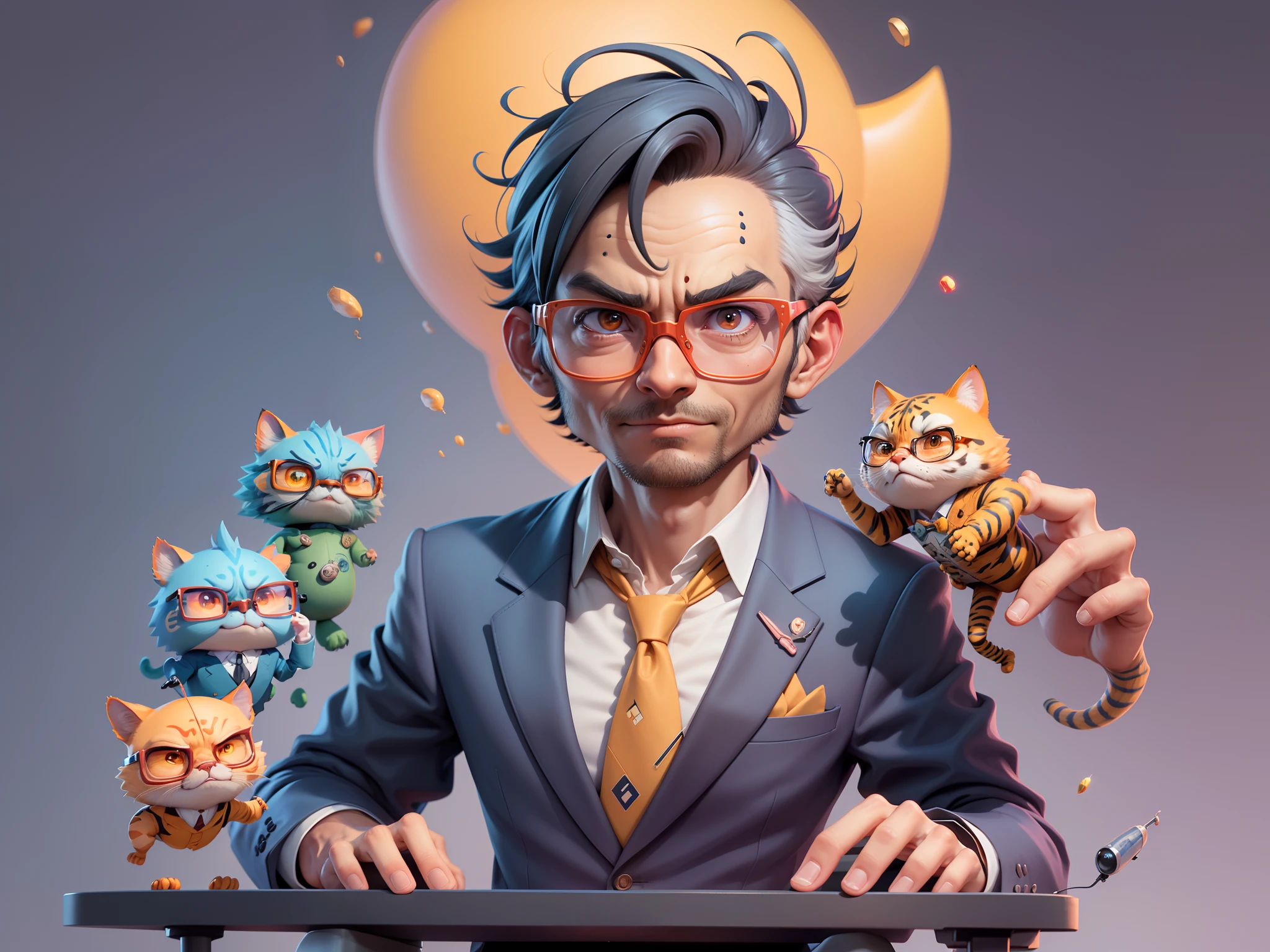 A young man in a suit, Short hair and glasses sat at his desk,holding laptop,digitial painting,tigre,3D character design by Mark Clairen and Pixar and Hayao Miyazaki and Akira Toriyama,4K HD illustration,Very detailed facial features and cartoon-style visuals。