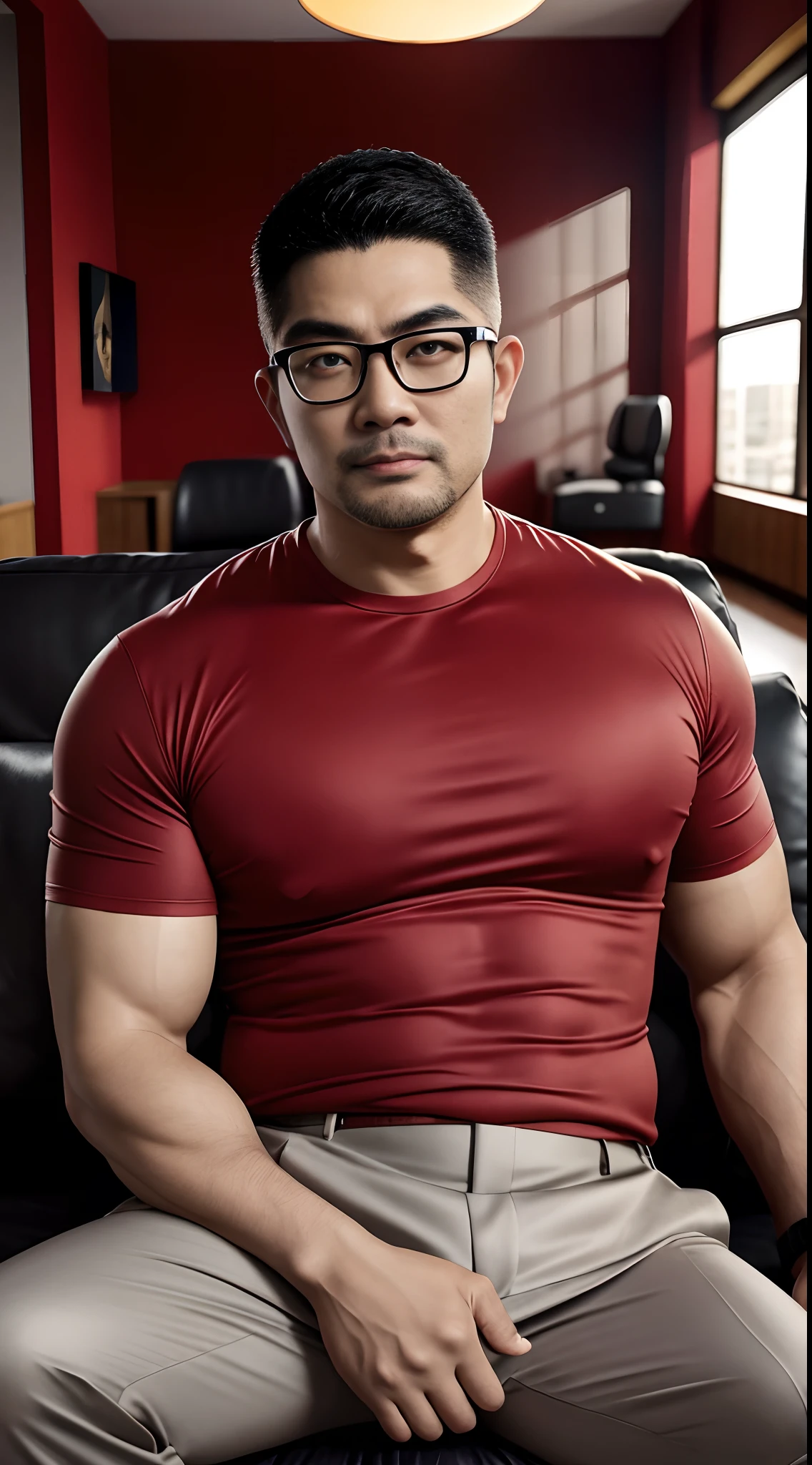 primitive， tmasterpiece， ultra fine photos，best qualtiy， 超高分辨率， realisticlying，1 uncle，aged 40，buzz cut，Short beard，Thick eyebrows，Wearing black-framed glasses，Chubby body，Thick arms， rays of sunshine， full-body portraits， Amazingly handsome，dynamicposes，Vibrant eyes ，Thick，Crimson skinny shirt，Gray skinny trousers，sitting on a leather sofa， In the office，very highly detailed background， 详细的脸， detailed tidy background， opulent， highdetailskin， Realistic details of skin， Visible Pore， Sharp focus， volume fog， 8K  UHD， digital SLR camera， high high quality， filmgrain， healthy-looking skin， photorealisti， Lomorro， Utopian metropolis of the future， look from down， vast pecs：1.3