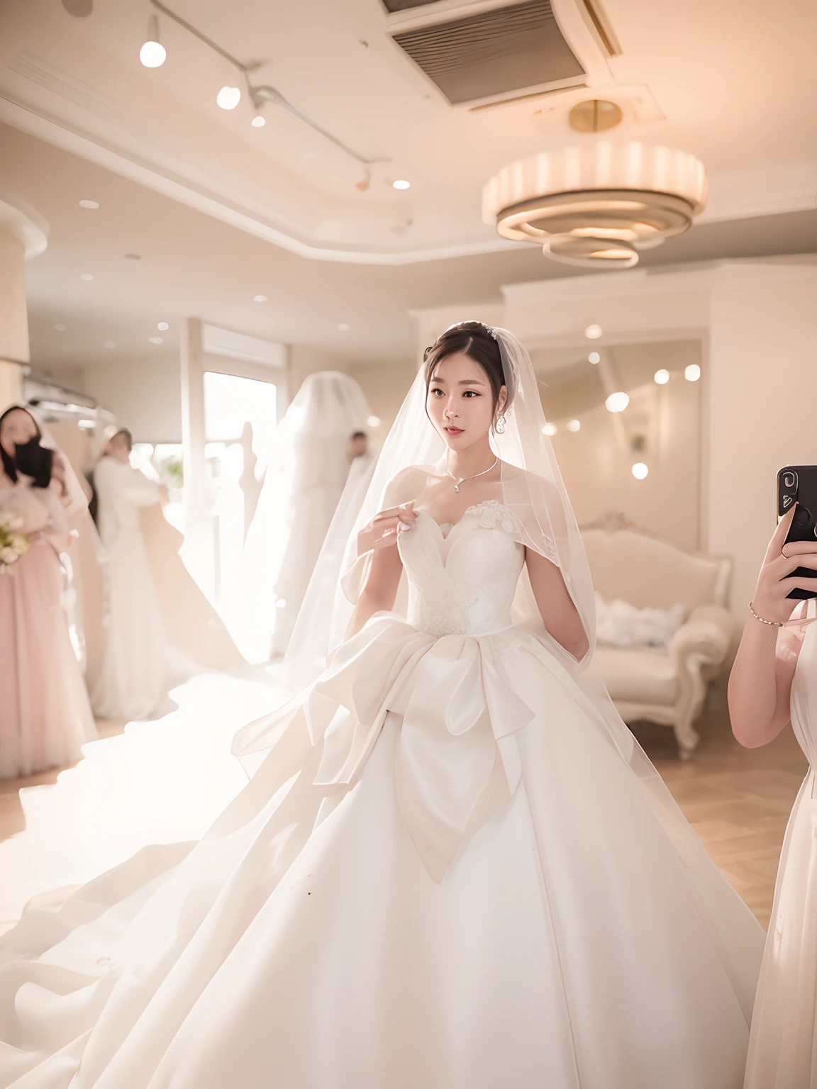 There is a woman taking a picture of a bride in a wedding dress, Wearing a wedding dress, Realphotos, jinyiwei, wearing organza gown, Wedding dress, zeng fanzh, Luxury dress, zmonzheng, Shot, ruanjia, qiangshu, luxurious wedding, Eat Zhuoxin, Inspired by Tang Yifen, high detal