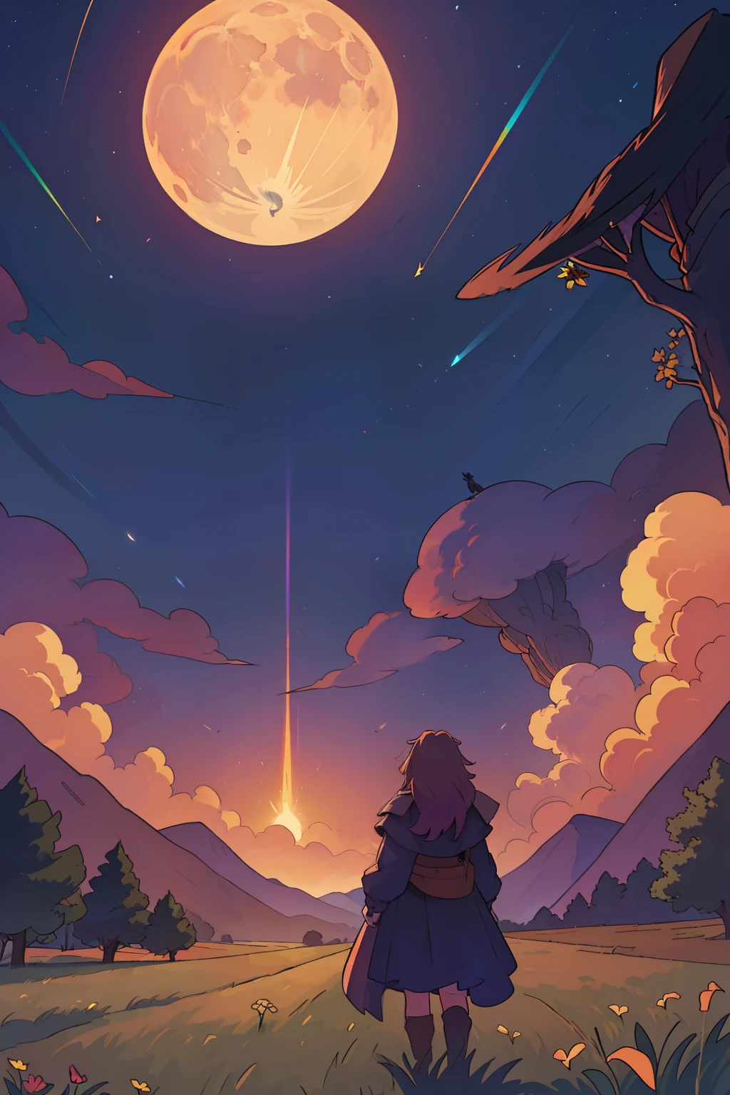 A wide landscape photo, (viewed from below, the sky is above, and the open field is below), a girl standing on a flower field looking up, (full moon: 1.2), (meteor: 0.9), (nebula: 1.3), distant mountains , Trees BREAK Crafting Art, (Warm Light: 1.2), (Firefly: 1.2), Lights, Lots of Purple and Orange, Intricate Details, Volumetric Lighting BREAK (Masterpiece: 1.2), (Best Quality), 4k, Ultra Detailed, (Dynamic Composition: 1.4), Rich in Detail and Color, (Rainbow Color: 1.2), (Glow, Atmospheric Lighting), Dreamy, Magical, (Solo: 1.2)