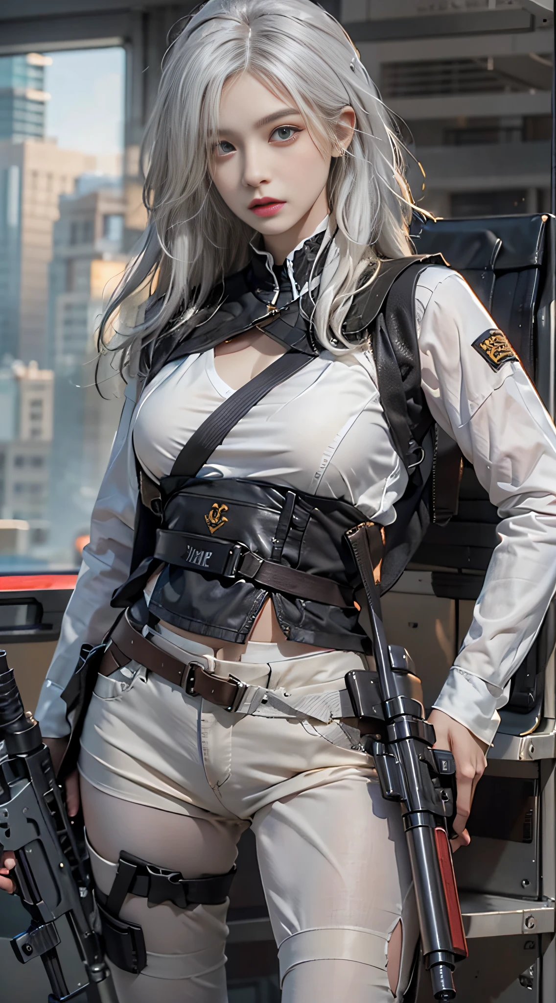 photorealistic, high resolution, 1women, solo, hips up, look at viewer, (detailed face), white hair, swat vest, gun, thighhighs, jewelry