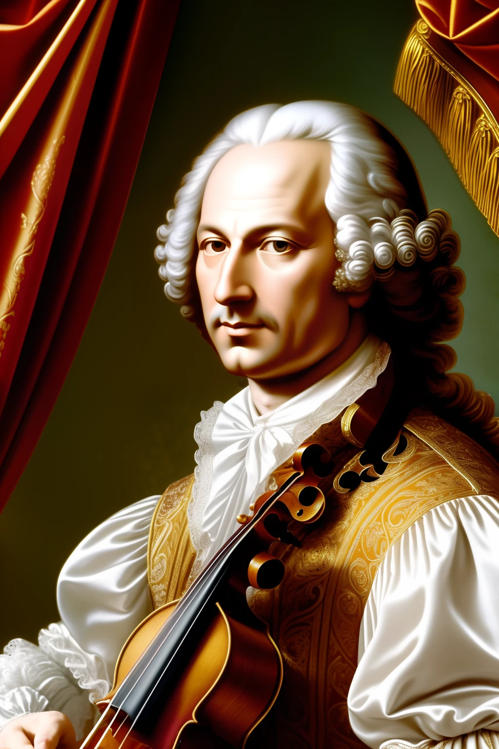 (extremely detailed CG unity 8k wallpaper, best quality, masterpiece) Renaissance portrait of Antonio Vivaldi, dressed in rich Baroque attire, white perukes, periwig , holding a violin, surrounded by swirling musical notes and golden light