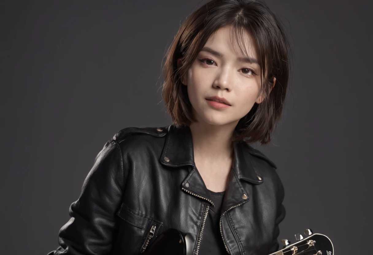 Clean and simple background,1 girl,T-shirt,Black leather pants,solo, Rock Singer, short hair, singing and playing guitar, cinematic, concert lighting, dynamic angle, beautiful detailed glow, full body, cowboy shot, Dreamy Glow， (Bokeh:1.5)