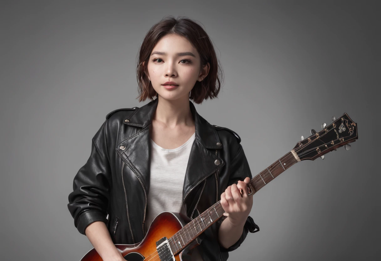 Clean and simple background,1 girl,T-shirt,Black leather pants,solo, Rock Singer, short hair, singing and playing guitar, cinematic, concert lighting, dynamic angle, beautiful detailed glow, full body, cowboy shot, Dreamy Glow, (Bokeh:1.5)