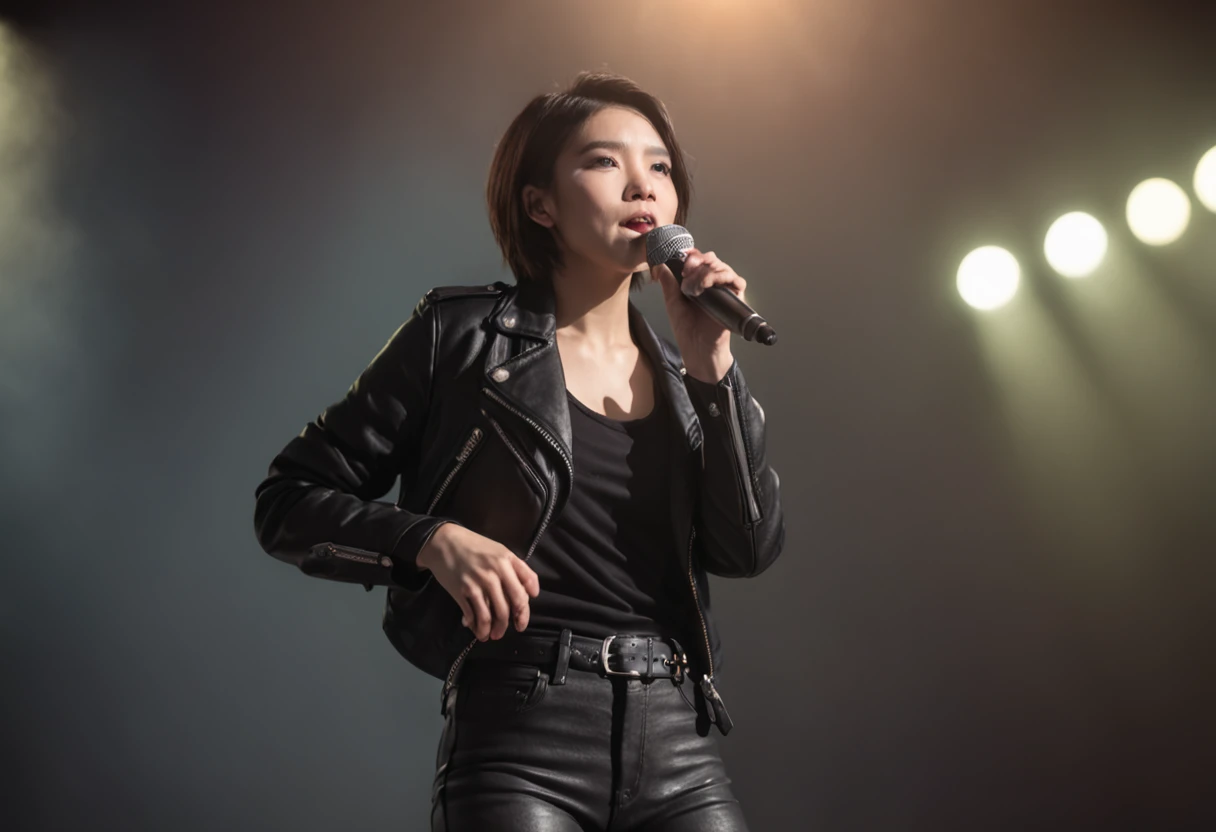 Clean and simple background,1 girl,T-shirt,Black leather pants,solo, Rock Singer, short hair, singing and playing guitar, cinematic, concert lighting, dynamic angle, beautiful detailed glow, full body, cowboy shot, Dreamy Glow, (Bokeh:1.5)