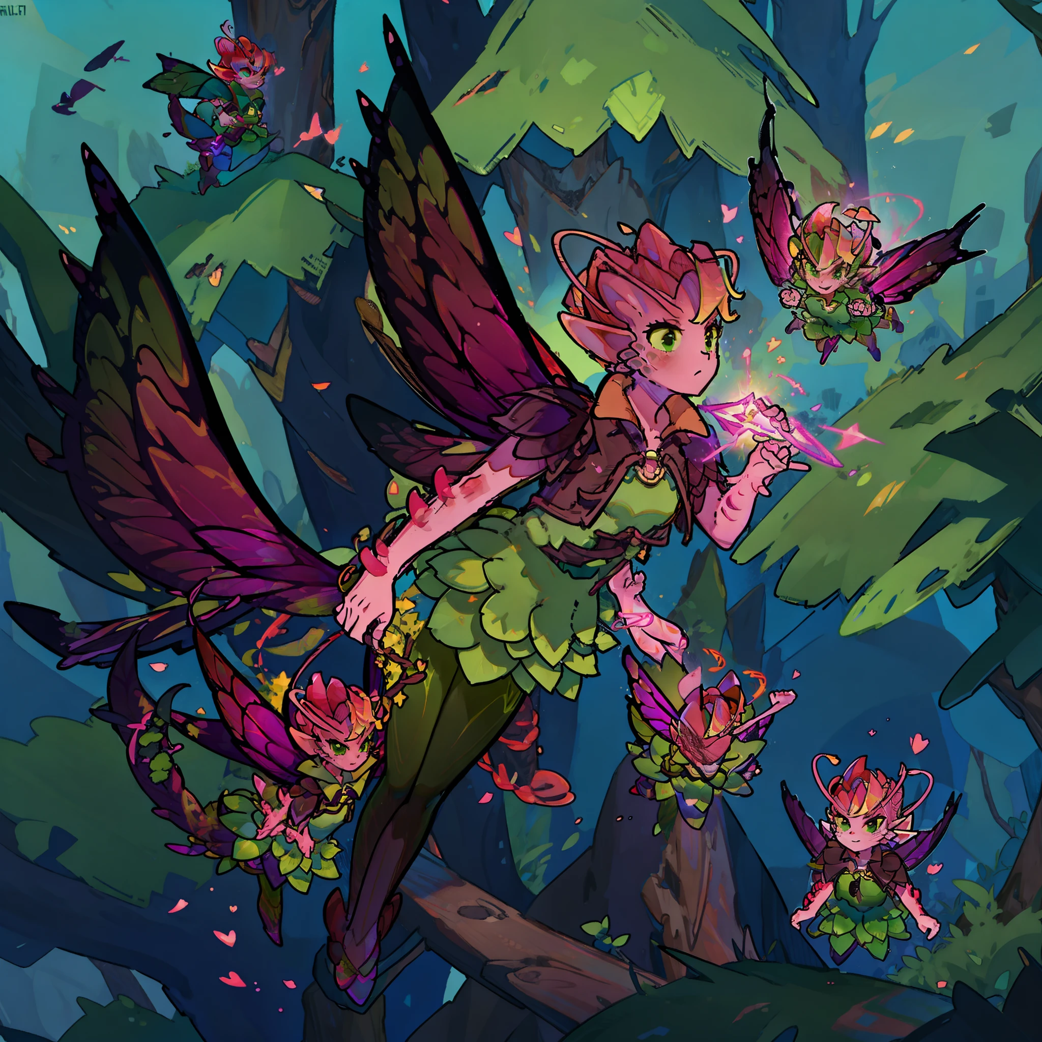 Dark Willow (Dota), 1girl, green dress, green pantyhose, shoulder pads, wings, cape, pixie, (pink body), pointy ears, fairy wings, perfect anatomy