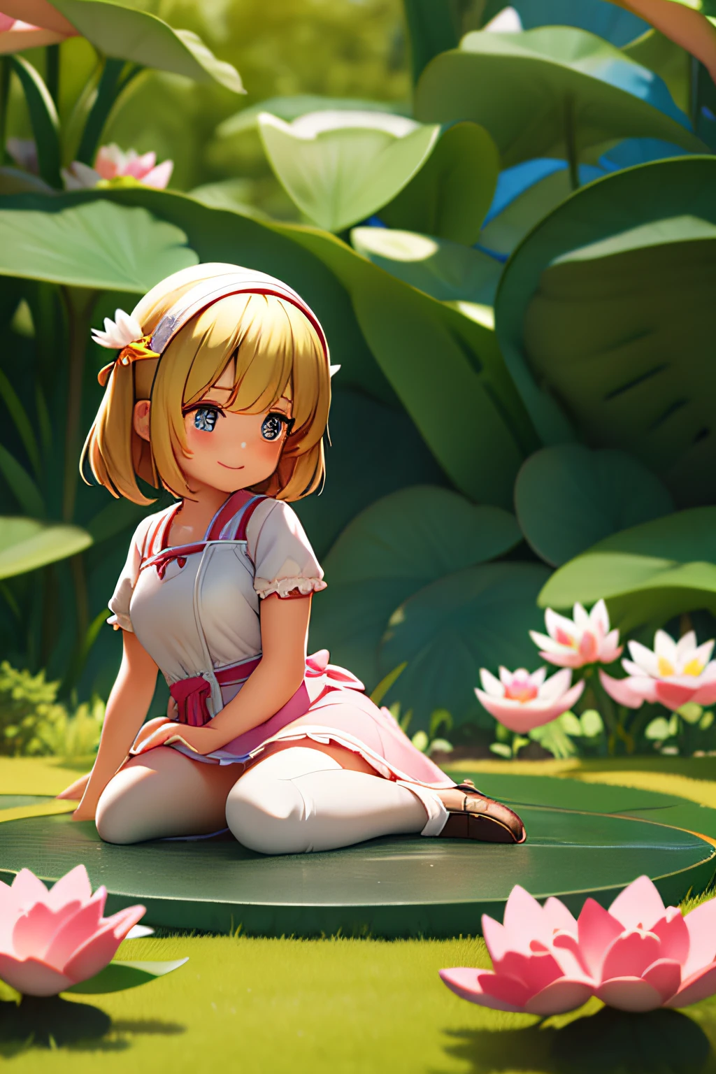 A 6-year-old girl kneels in the garden, looking at the ground, Look for something, She wears a gardener's clothes, Serious, inquisitive, Side view of the scene, Perfect quality, Clear focus（mess - house：0.8）, （tmasterpiece：1.2） （realisticlying：1.2） （Bokeh） （best qualtiy） （skin detailed：1.3） （complexdetails） （8K） （eye detailed） （sharp fokus）, cartoon character, quadratic element, anime big breast, Luminism，lotus flower，wanting，ssmile