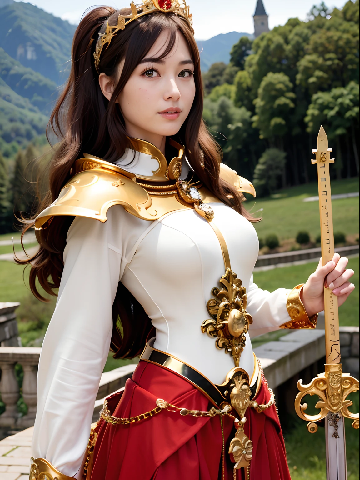 (masutepiece), Professional , masterpiece、top-quality、photos realistic , depth of fields (Gemstone Silver Metal Body:1.9),(Matte yellow、Jewel Gold Weapon、(Gorgeous castle background)、(Jewel Metal Body:1.4),Gorgeous Jewel Metal Weapons , Detailed Sword of the Brave ,( Soldier background in metal armor) ,warhammer 40k , adepta sororitas,Detail and ornate jewel crown、独奏、Brown hair、(Gangle's forest background)、Beautiful Caucasian beauty、1a person、dynamic ungle,(((Diamond tiara with detail and luxury)))、a small face、A smile、Powerful poses、(Gorgeous castle background)、huge filesize、20 year old beautiful woman、Stand in the center of the screen、Thin female fingers、Straight long hair、Beautiful Caucasian beauty、