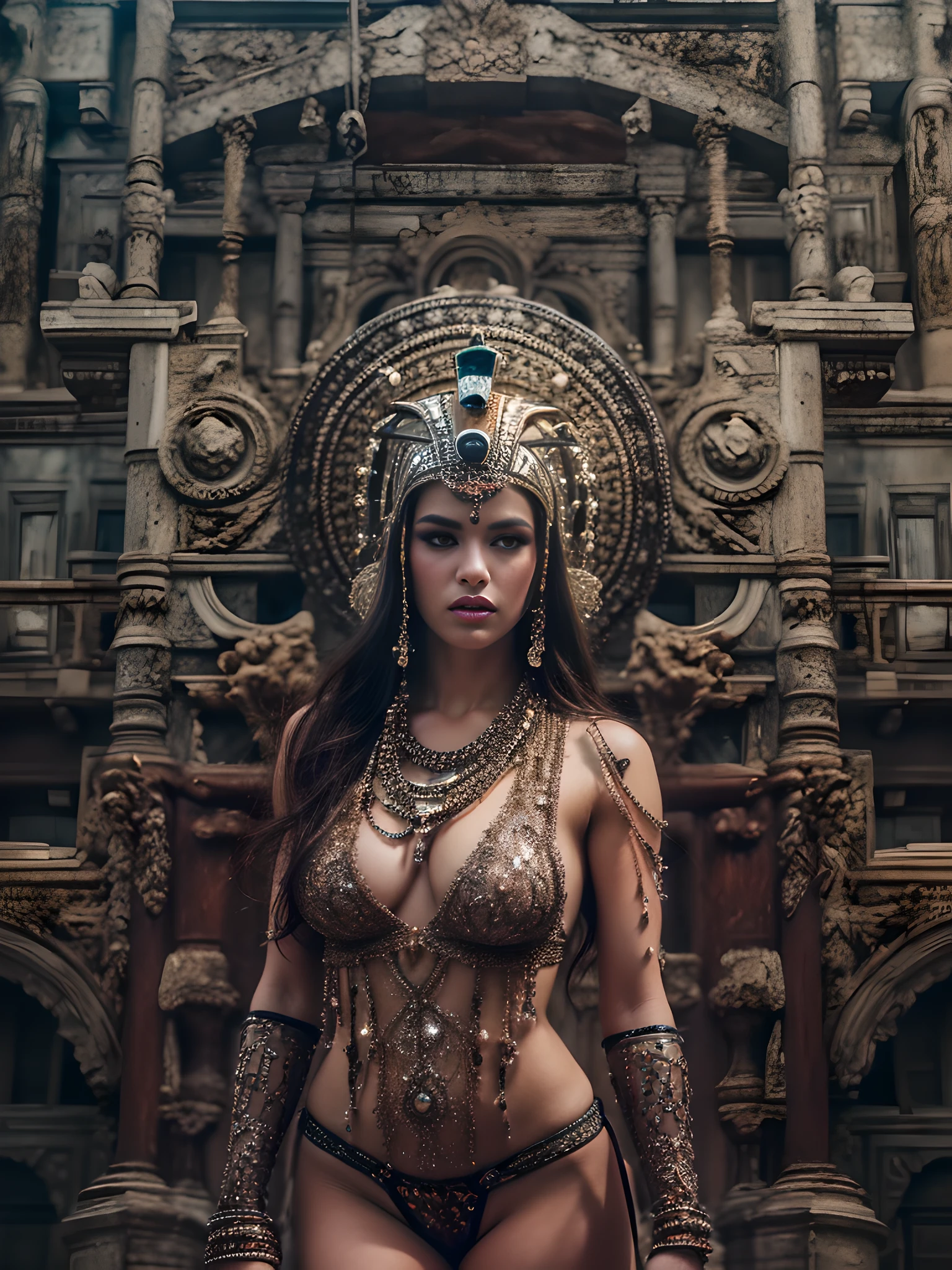 An ultra-detailed hyper-realistic photograph of a beautiful Egyptian woman totally naked in a dystopian city,  cuerpo entero, Pelo largo y salvaje, brazos tatuados, pose de moda, dynamic  pose, Beautiful detailed symmetrical green eyes, Cara hermosa detallada, apocalyptic ambience, Detalle exquisito, 30-megapixels, 4k, Canon EOS 5D Mark IV DSLR, muelle 85 mm, foco nítido, intrincadamente detallado, long exposure time, f/8, ISO 100, shutter speed 1/125, diffuse-back-lighting, rewarded photography, front facing camera, staring at the camera, monovisiones, Contraste perfecto, alta nitidez, facial-symmetry, profundidad de campo, Ultra-detailed photography, Trazado de rayos, global ilumination, Suave, ultra-high def, 8k, Motor Unreal 5, Ultra Sharp Focus, rewarded photography, tendencias en Artstation