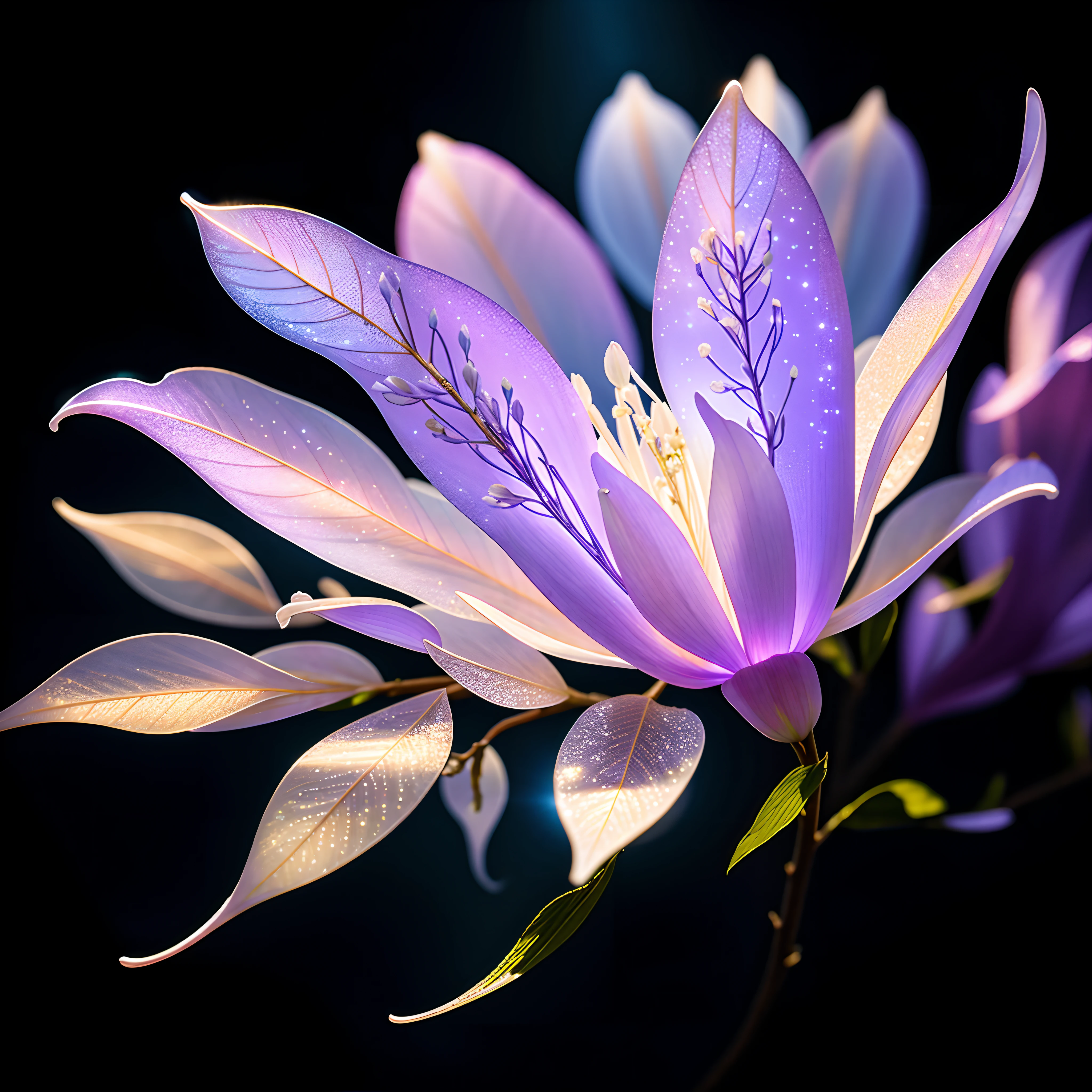 branch of delicate lilac flowers, super transparent, holy light, beautiful spectral light, petals glow, flashing, dark background, drops of transparent light, reflective light, bright, light streaming in, optics, portrait profile, sharp focus, magical, intricate, ultra realistic, fantasy, composition, light, trend on artstation, pearl, patronus cloud of silvery vapor, corrosive enveloping ray family, 8k, ureal ar 23v4 uplight