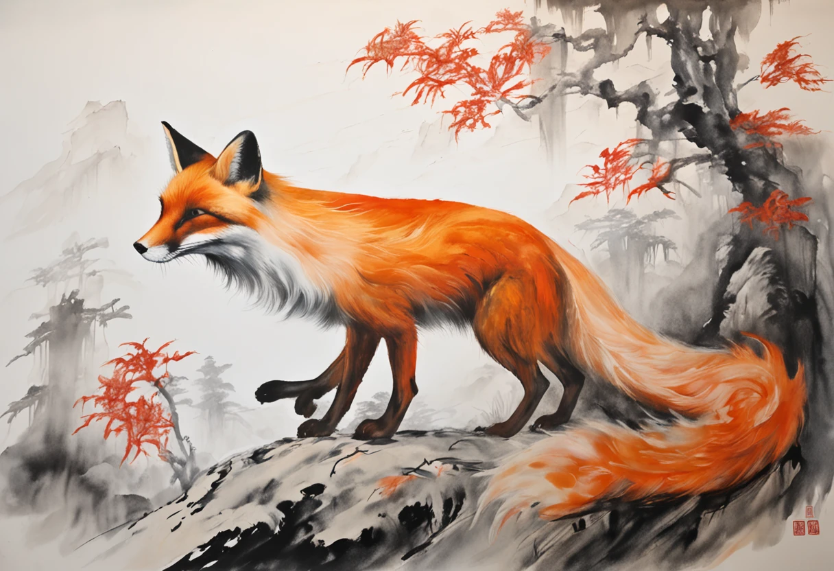 (anthropomorphism:1.5), Ink wash painting, (Chinese White Female fox demon, Nine huge fox tails, In the middle), white background, scenery, ink, mountains, water, trees, Oriental elements, Chinese traditional color matching, ( Clear lines, movie lighting effects)