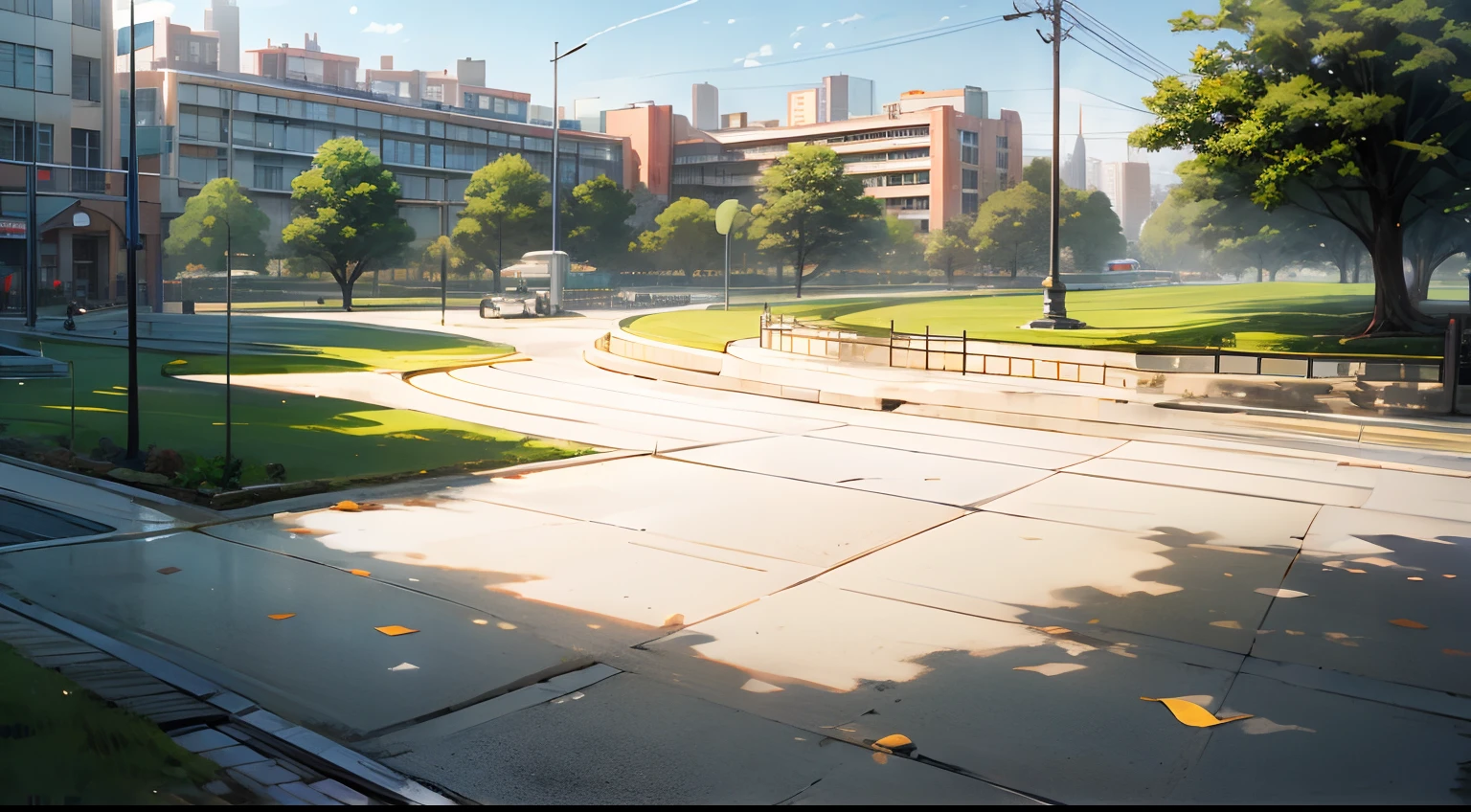Park, lawn, daytime, wide angle, school background, no one