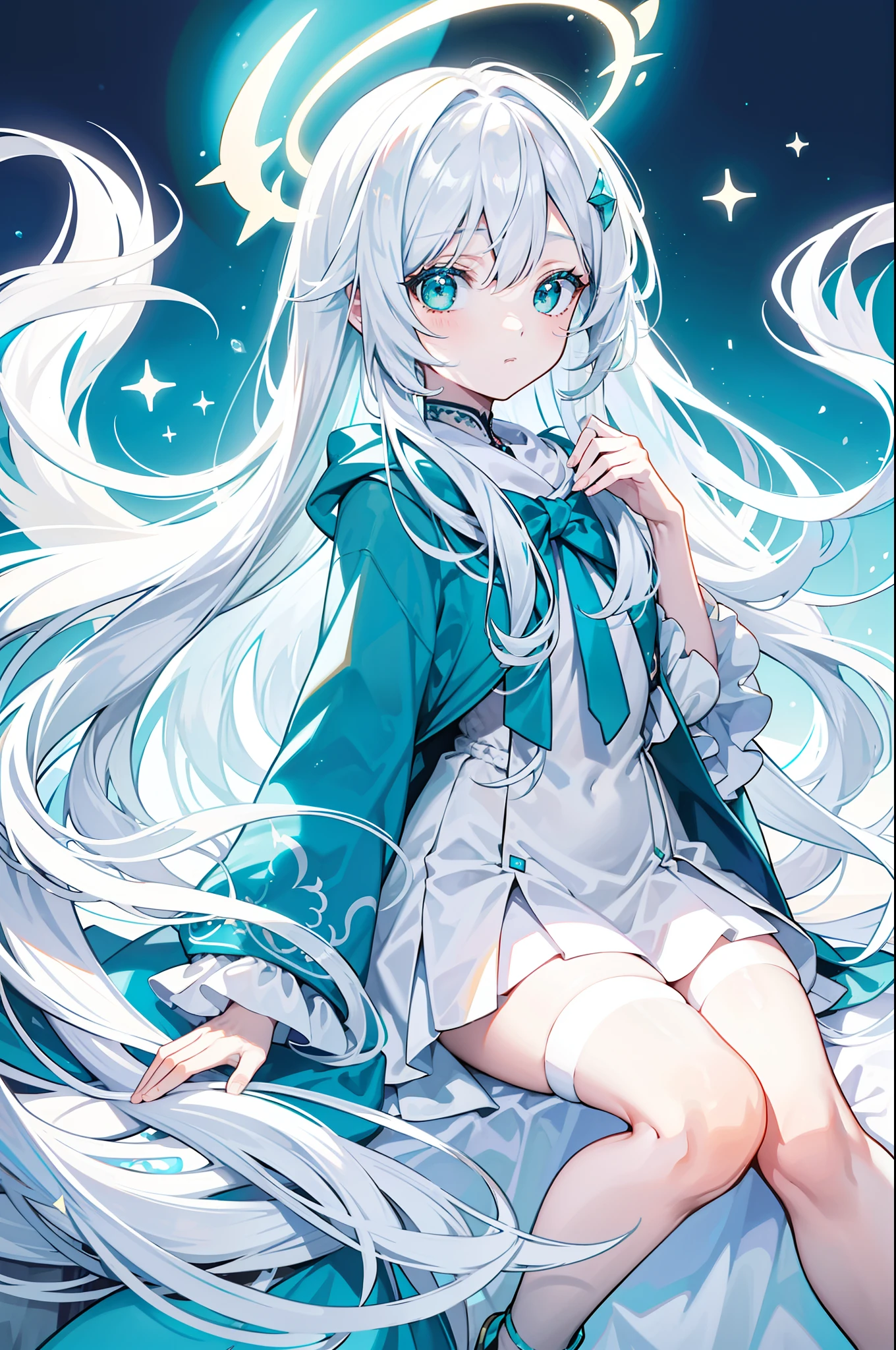 {{Best quality}}, {{Masterpiece}}, {{super ultra detail}}, {{illustration}}, {{Detailed light}}, White hair color, Turquoise eyes, double tails, style, Long hair shawl, There is a halo effect