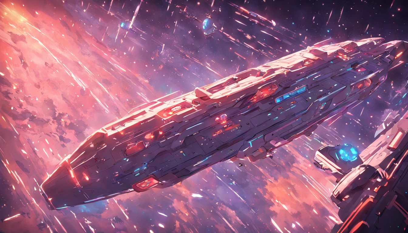 (space art),(high angle view:1.2), in space, A Large aircraft carriers , Below the spaceship is space,Cyberpunk, Dreamy Glow, Luminous neon lamp,