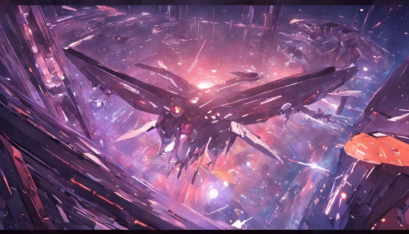 (space art),(high angle view:1.2), in space, A Large aircraft carriers , Below the spaceship is space,Cyberpunk, Dreamy Glow, Luminous neon lamp,