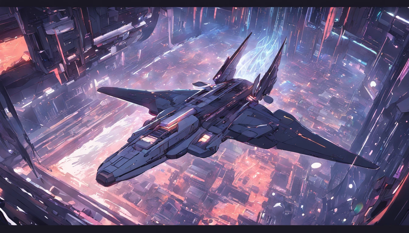 (space art),(high angle view:1.2), in space, A Large aircraft carriers , Below the spaceship is space,Cyberpunk, Dreamy Glow, Luminous neon lamp,