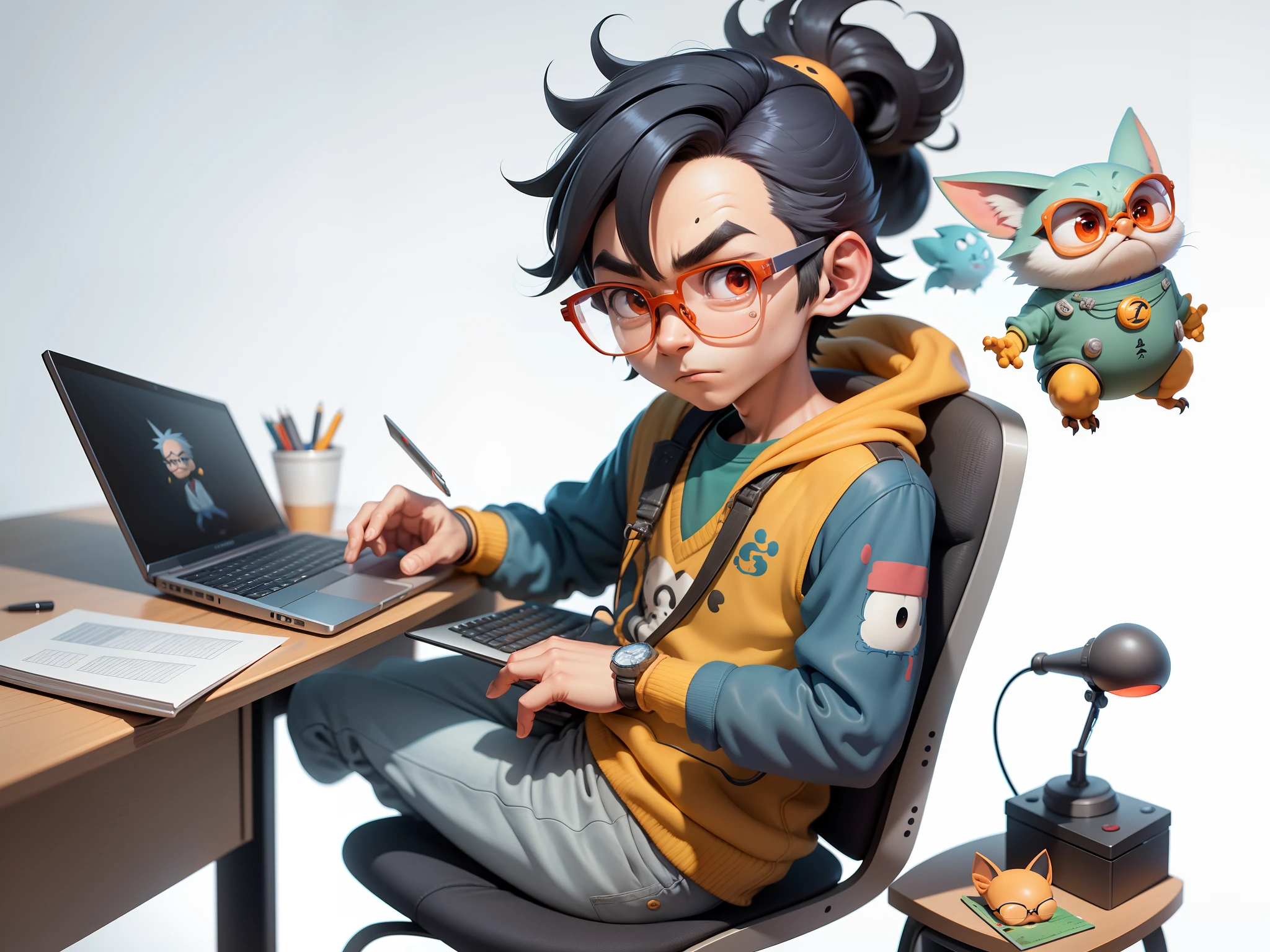 A young man with glasses sits at his desk,holding laptop,digitial painting,3D character design by Mark Clairen and Pixar and Hayao Miyazaki and Akira Toriyama,4K HD illustration,Very detailed facial features and cartoon-style visuals。
