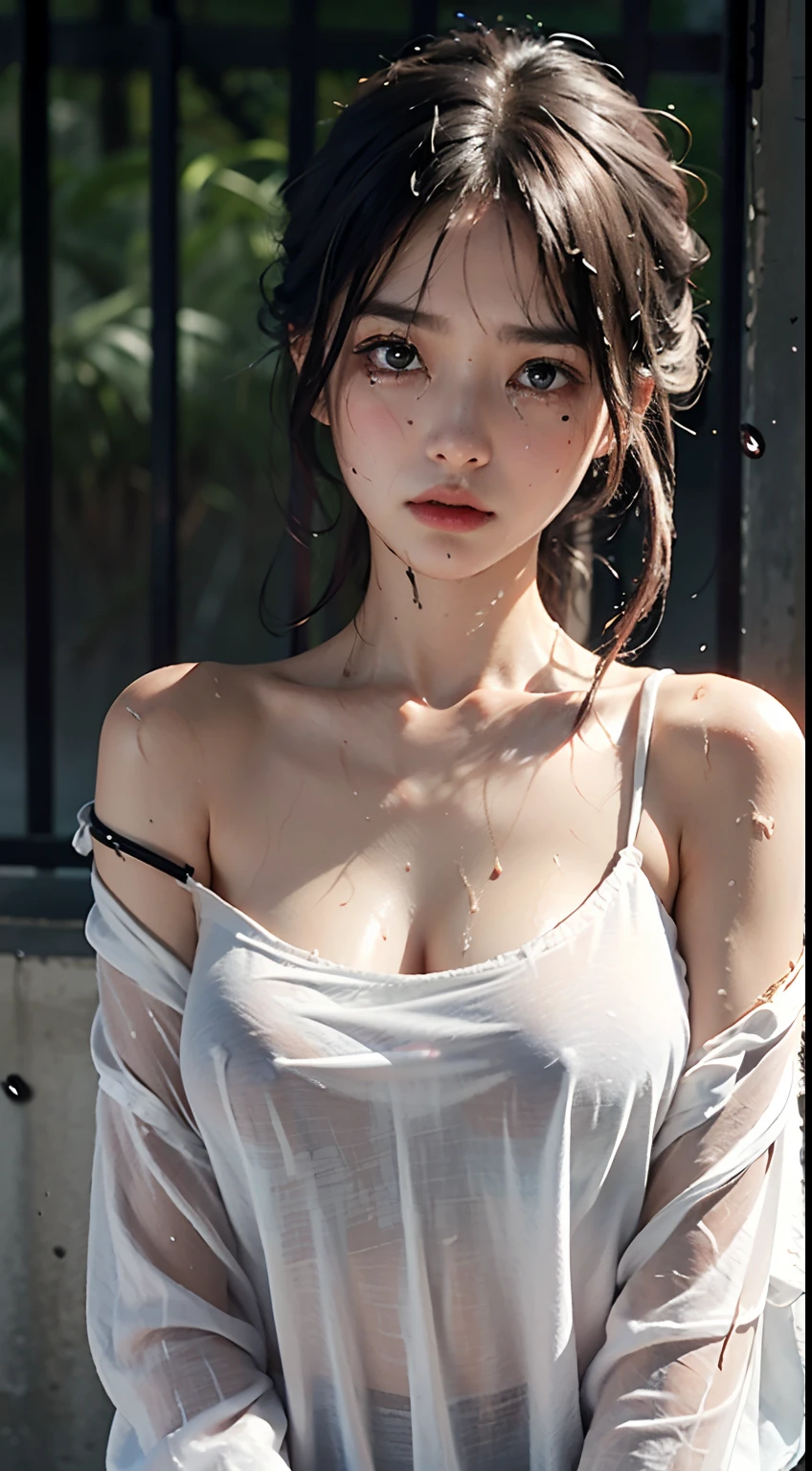 Best Quality, masutepiece, Ultra High Resolution, (fidelity: 1.4), Photo, 1 girl, [(sad)], White shirt, Dim, Dark, Despair, pity, pity, pitiful, movie, Tears, Teardrops, (Torn clothes: 1.5), (Wet clothes: 1.4), Bare shoulders, Real rain, Wet hair, Visible chest line