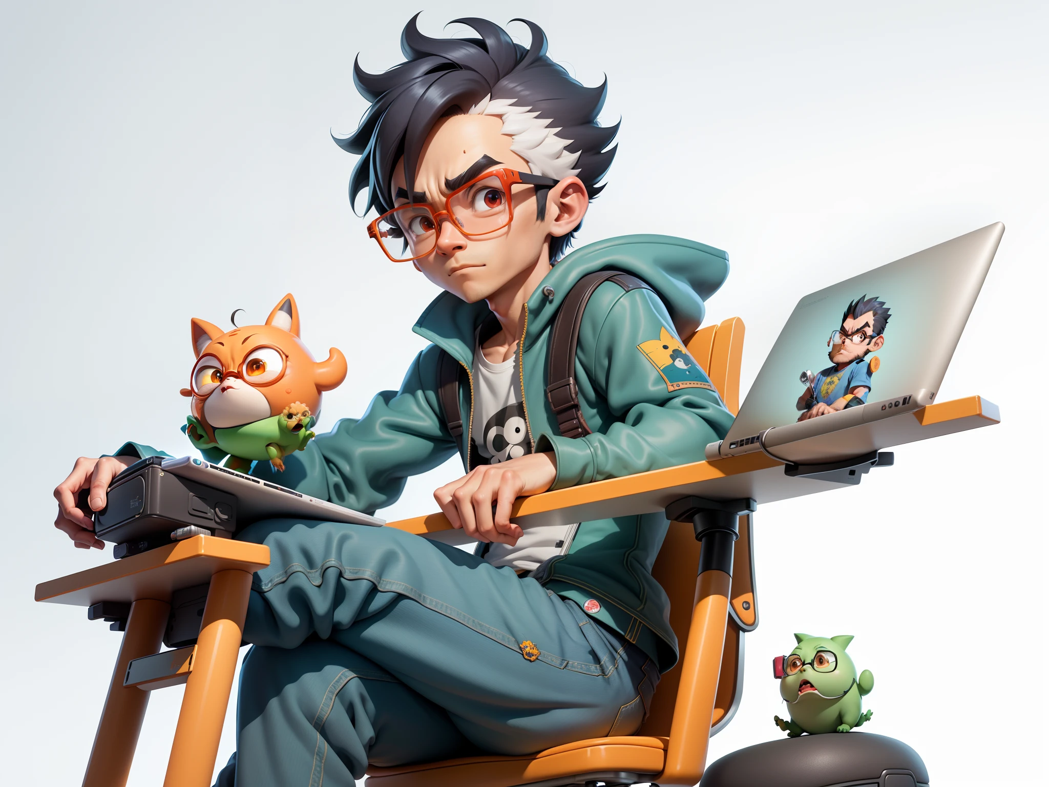 A young man with glasses sits at his desk,holding laptop,digitial painting,3D character design by Mark Clairen and Pixar and Hayao Miyazaki and Akira Toriyama,4K HD illustration,Very detailed facial features and cartoon-style visuals。
