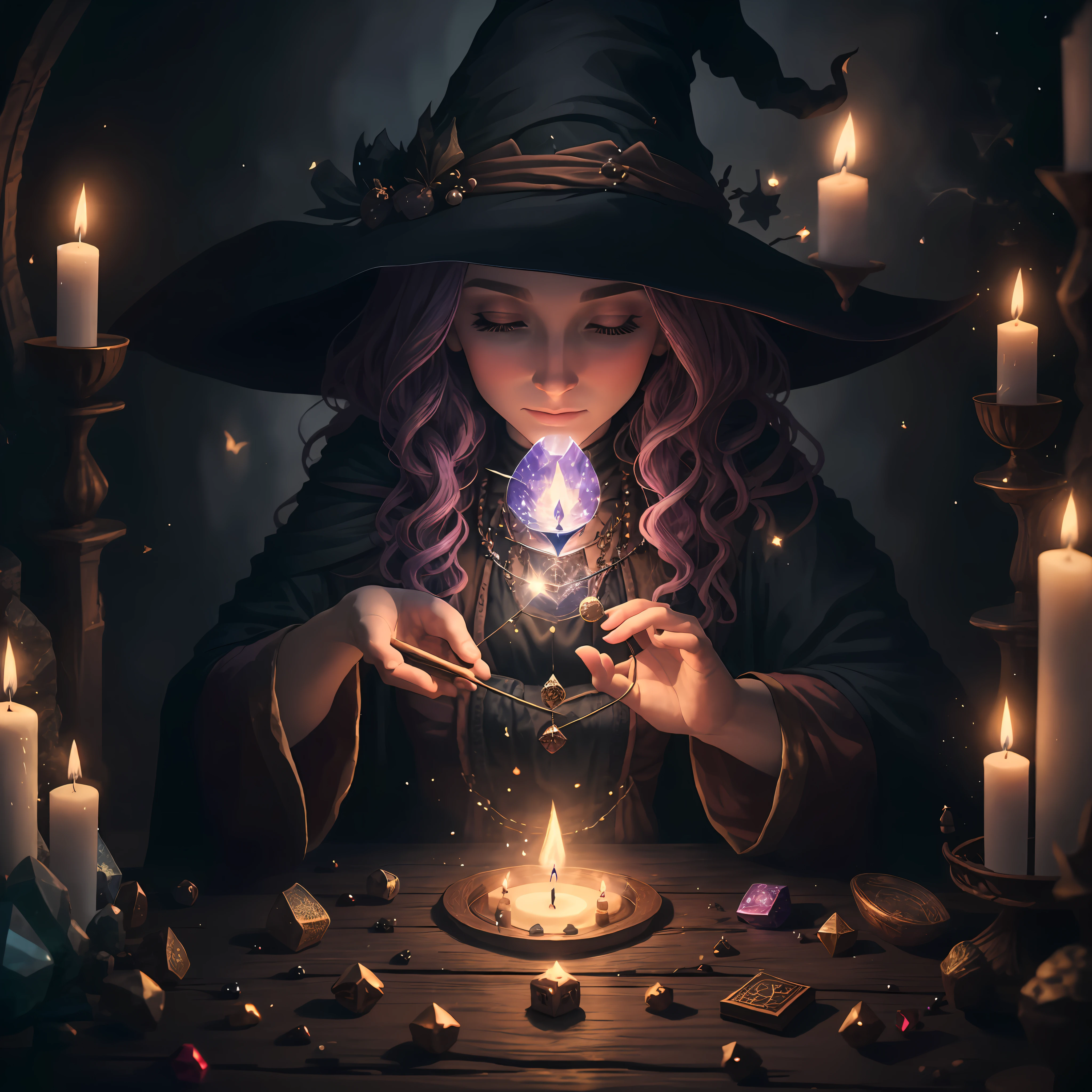 "Witch casting spells with candles in a magical 8k scene, surrounded by tarot cards, crystals and flowers."