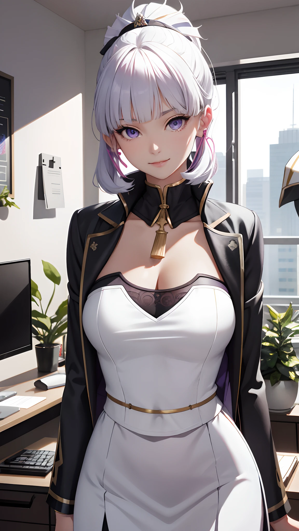 tmasterpiece,best qualtiy,white color hair,Purple eye,sportrait,realisticlying,The shirt,Suits,Workwear,office room,Greenery,Sideslit,Wallpapers,painting of a,Large breasts,cleavage,ssmile,looks into camera,Blackn clothes。