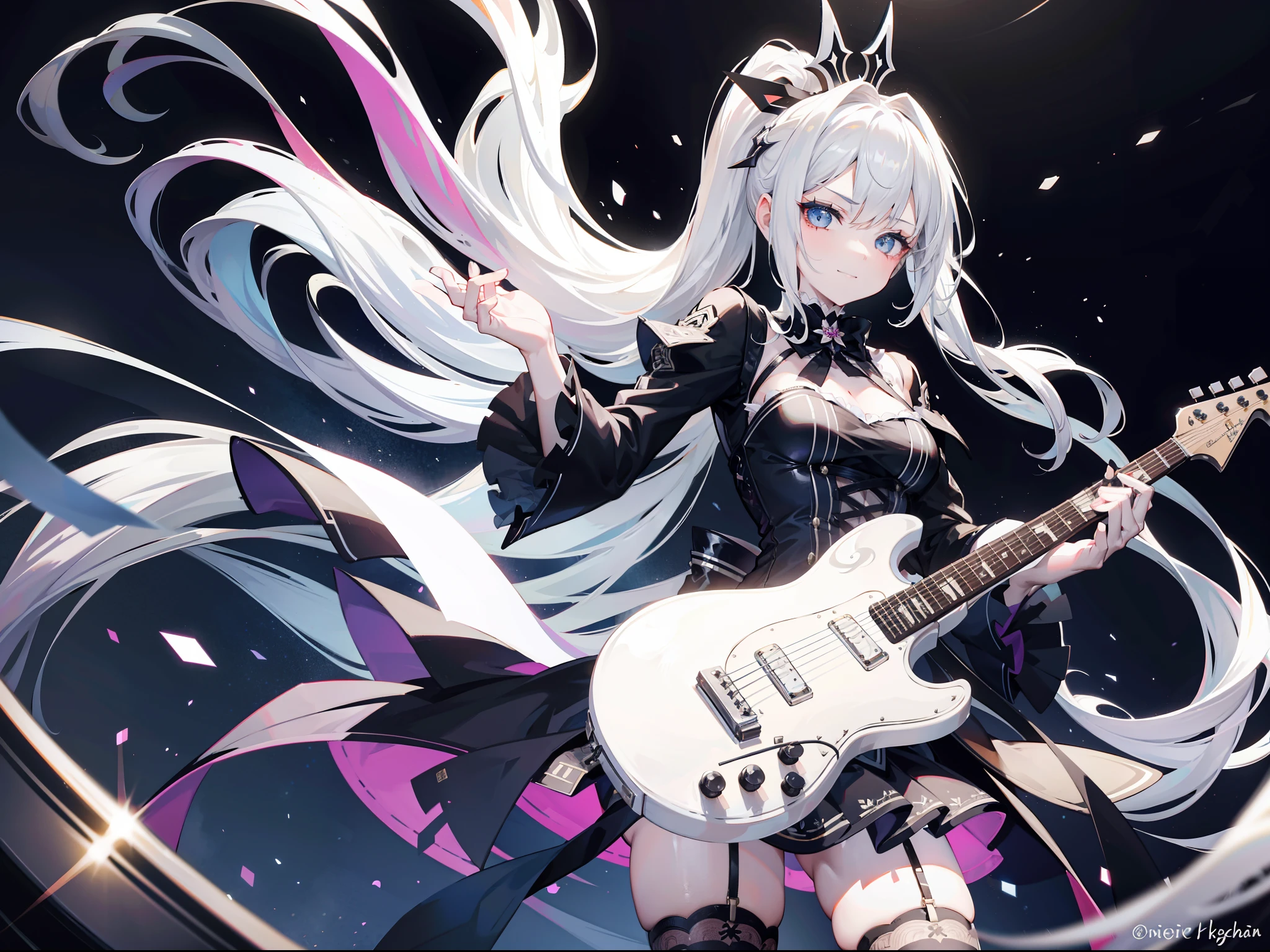 Beautiful girl with white hair，with long coiled hair，High ponytail，Hand-held white Gibson electric guitar，performing on stage，band，Rock，Color gas，Facial Expression Evil Charm，heavy metal，抖S，Dressed in black and white Lolita，blackstockings，high-heels，With a petite figure，Rock，The lighting is dim，With a sinister smile