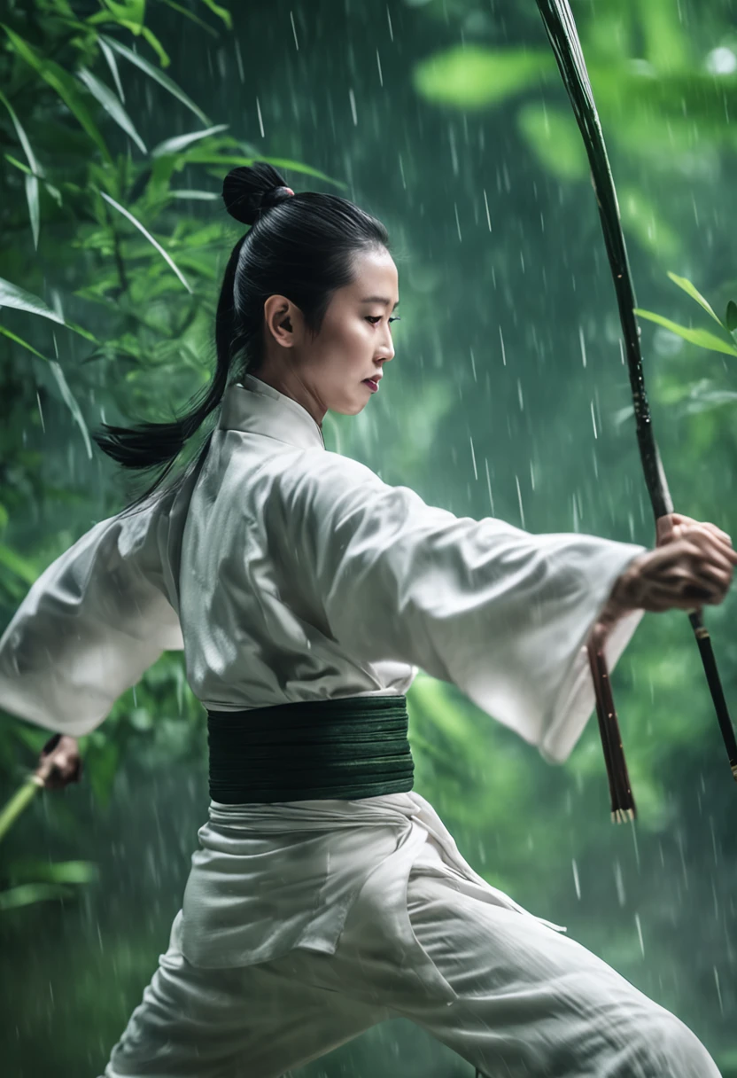 1 girl, kung fu, green bamboo forest, surrounded by rain, illustration style, motion blur, long exposure fullbody, exquisite facial features, Chinese styleink style, martial arts style, selective focus, panorama, (Bokeh:1.5)