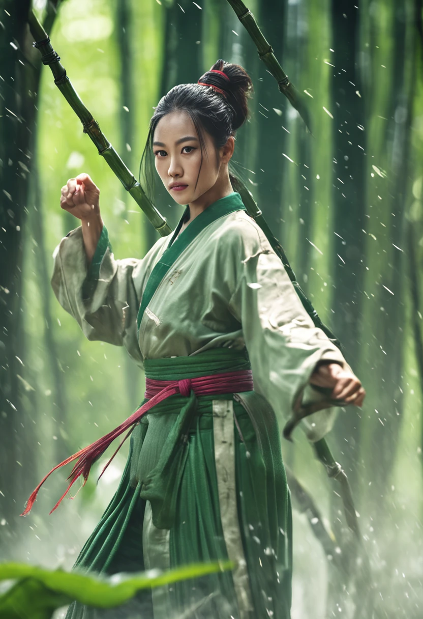 1 girl, kung fu, green bamboo forest, surrounded by rain, illustration style, motion blur, long exposure fullbody, exquisite facial features, Chinese styleink style, martial arts style, selective focus, panorama, (Bokeh:1.5)