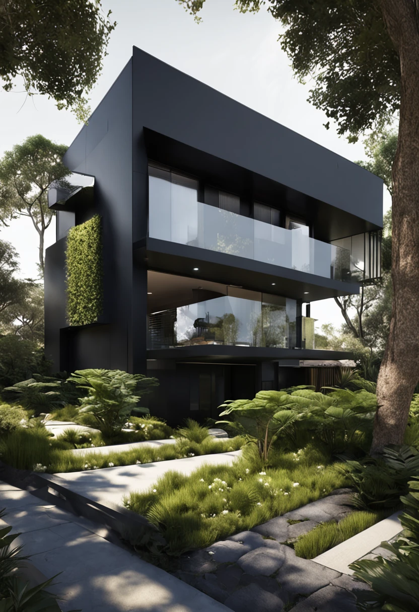 Modern black house design, green garden around the house, black front road, modern architecture, whole glass, sunshine, seaside