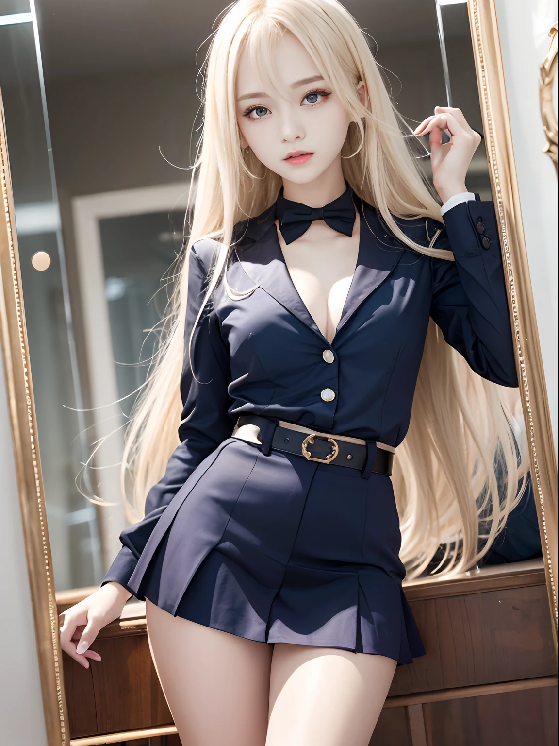 portlate、School Uniforms、bright expression、Young shiny shiny white shiny skin、Best Looks、Blonde reflected light、Platinum blonde hair with dazzling highlights、shiny light hair,、Super long silky straight hair、Beautiful bangs that shine、Glowing crystal clear attractive big blue eyes、Very beautiful nice cute 16 year old girl、Lush bust、
