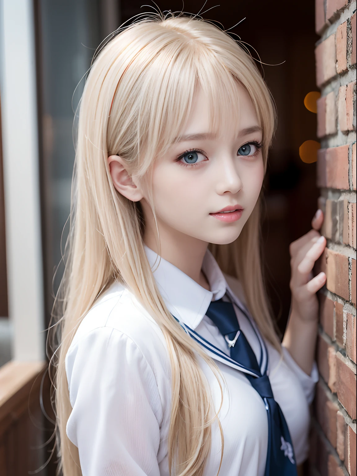 portlate、School Uniforms、bright expression、Young shiny shiny white shiny skin、Best Looks、Blonde reflected light、Platinum blonde hair with dazzling highlights、shiny light hair,、Super long silky straight hair、Beautiful bangs that shine、Glowing crystal clear attractive big blue eyes、Very beautiful nice cute girl、Lush bust、