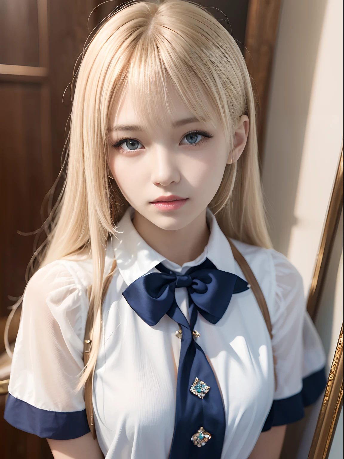 portlate、School Uniforms、bright expression、Young shiny shiny white shiny skin、Best Looks、Blonde reflected light、Platinum blonde hair with dazzling highlights、shiny light hair,、Super long silky straight hair、Beautiful bangs that shine、Glowing crystal clear attractive big blue eyes、Very beautiful nice cute 16 year old girl、Lush bust、