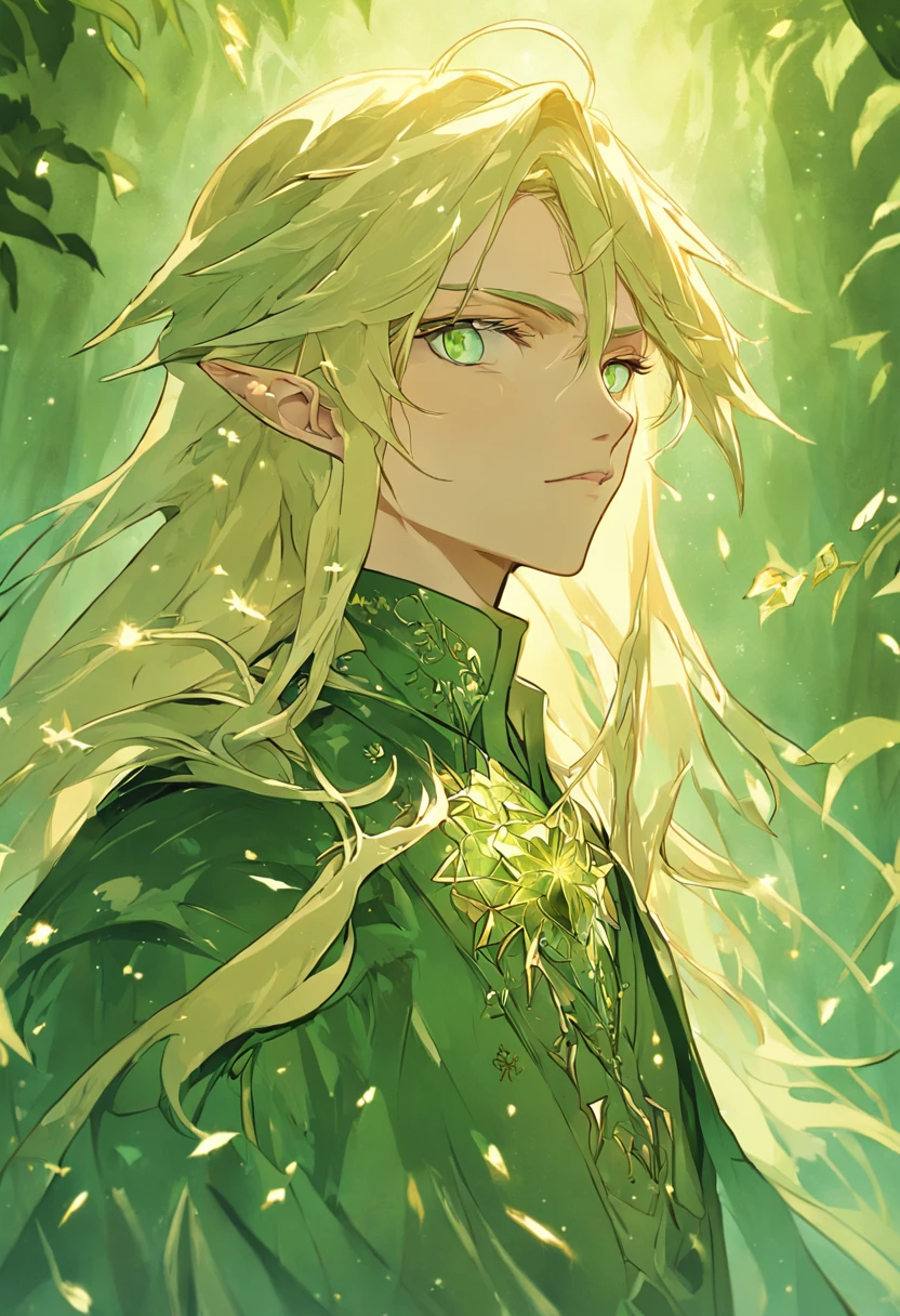 anime, flat vector art, {stunning male fairy elf}, Luminous Studio graphics engine, goth Renaissance, long blonde hair, ethereal mint green irises, light skin, perfect and detailed angular sharp diamond shaped human face, gold, Ray tracing, full lips, {defined blonde eyebrows}, leaves, gold,green glitter, luxurious forest detailed background, green uniform, (1guy), sharp focus, perfect anatomy, extremely detailed illustration, approaching perfection, dynamic, intricate details, ultra high definition, 8k resolution, glamour, glimmer, ethereal, {art by Ayami Kojima}, {art by Heise}, artstation, aesthetic, gothic, Lace, concept art, smooth, dreamy, backlit, fantastical, shadows, smooth, illustration, androgynous