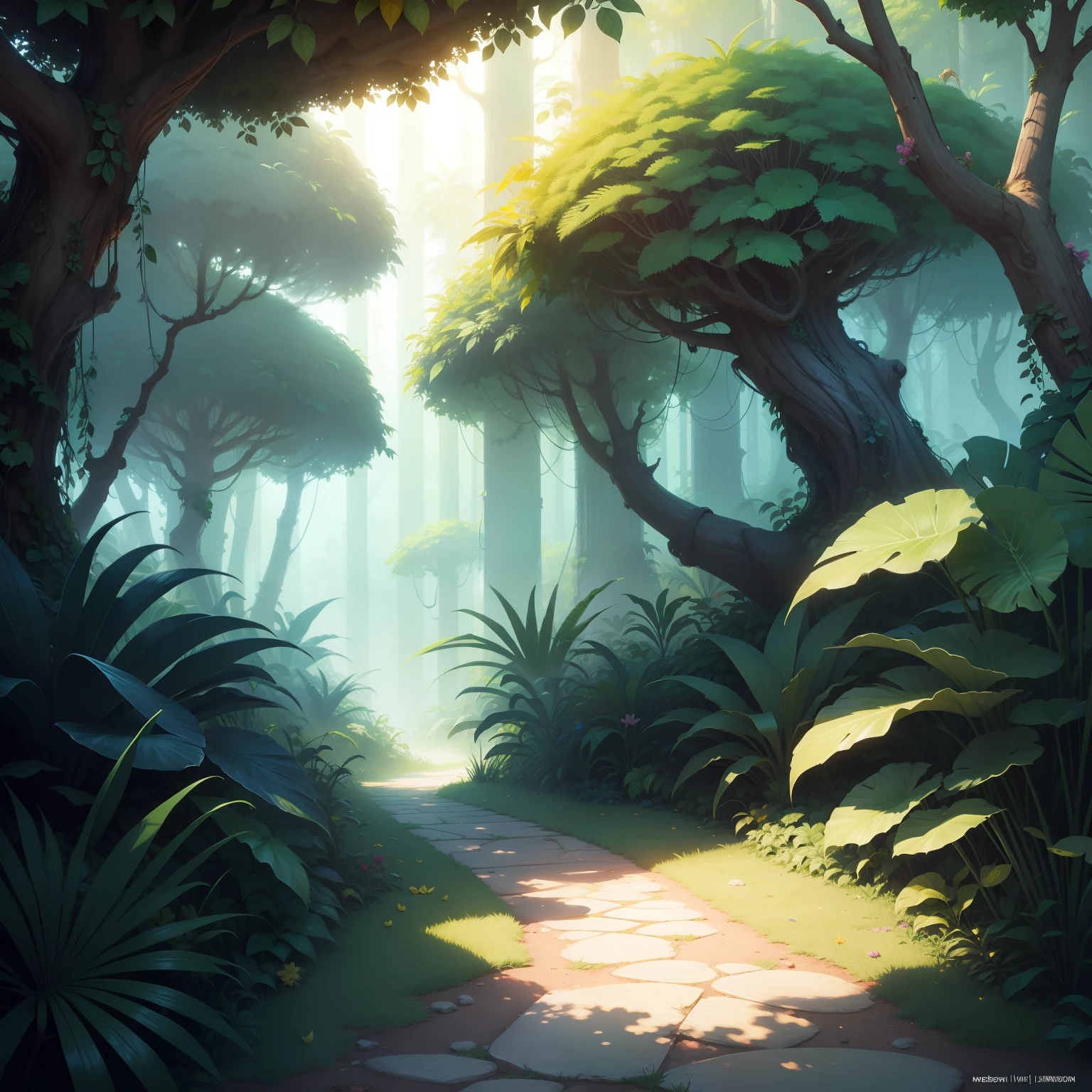 /imagine Illustrate a lush jungle scene with vibrant colors, cartoon style,
