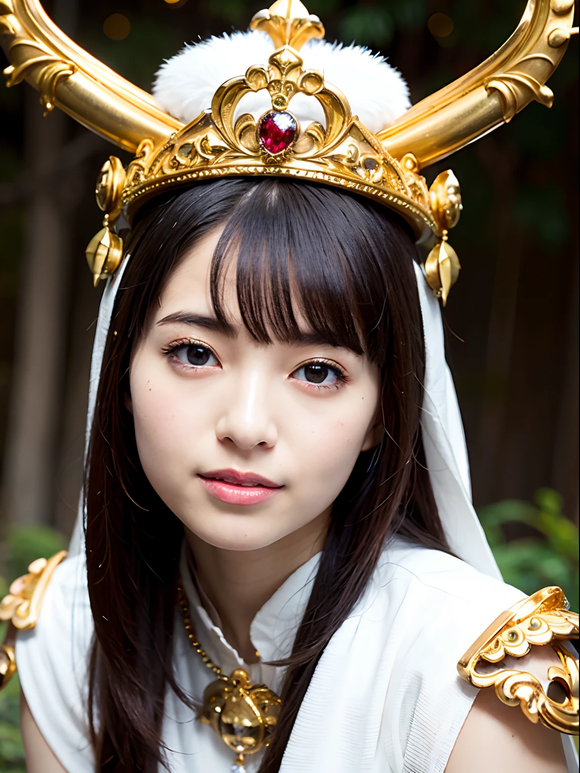 (masutepiece), Professional , masterpiece、top-quality、photos realistic , depth of fields (Gemstone Silver Metal Body:1.9),(Matte White、Jewel Gold Weapon(Jewel Metal Body:1.4),Gorgeous metal weapons ,(Swarm of goblins)、 Detailed Sword of the Brave , Beautiful knife ,warhammer 40k , adepta sororitas,Detail and ornate jewel crown、Black hair、Gangle's forest background、Beautiful Caucasian beauty、1a person、dynamic ungle,(((Detailed and ornate diamond crown)))、Smaller head、A smile、Take a sexy pose、Thin and beautiful female hands、cyanide light particles、Mystical expression、
