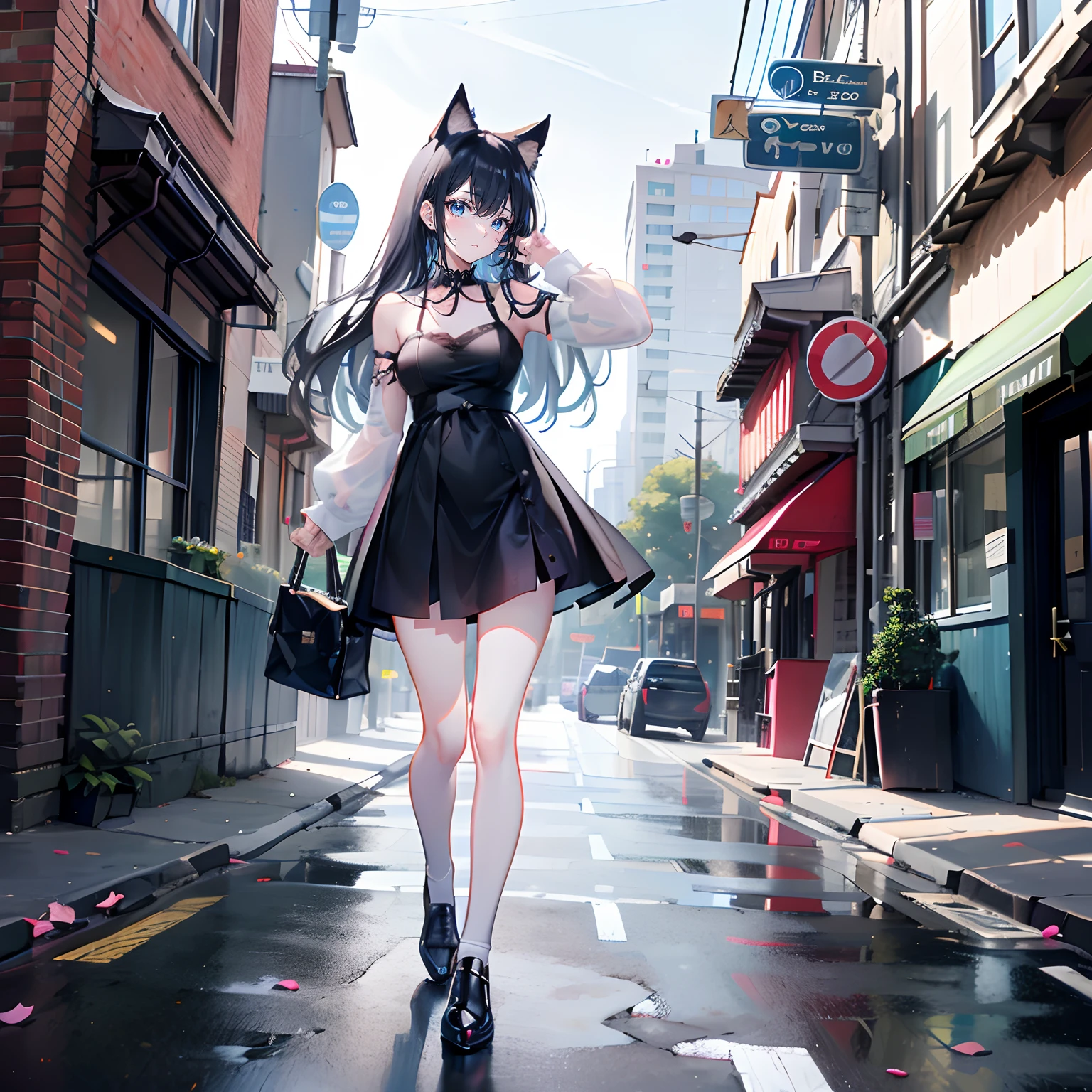 A girl,(Long black hair 1.5),(Black cat ears 1.5),(Blue Eyes 1.3),shift dresses,standing on your feet,the street