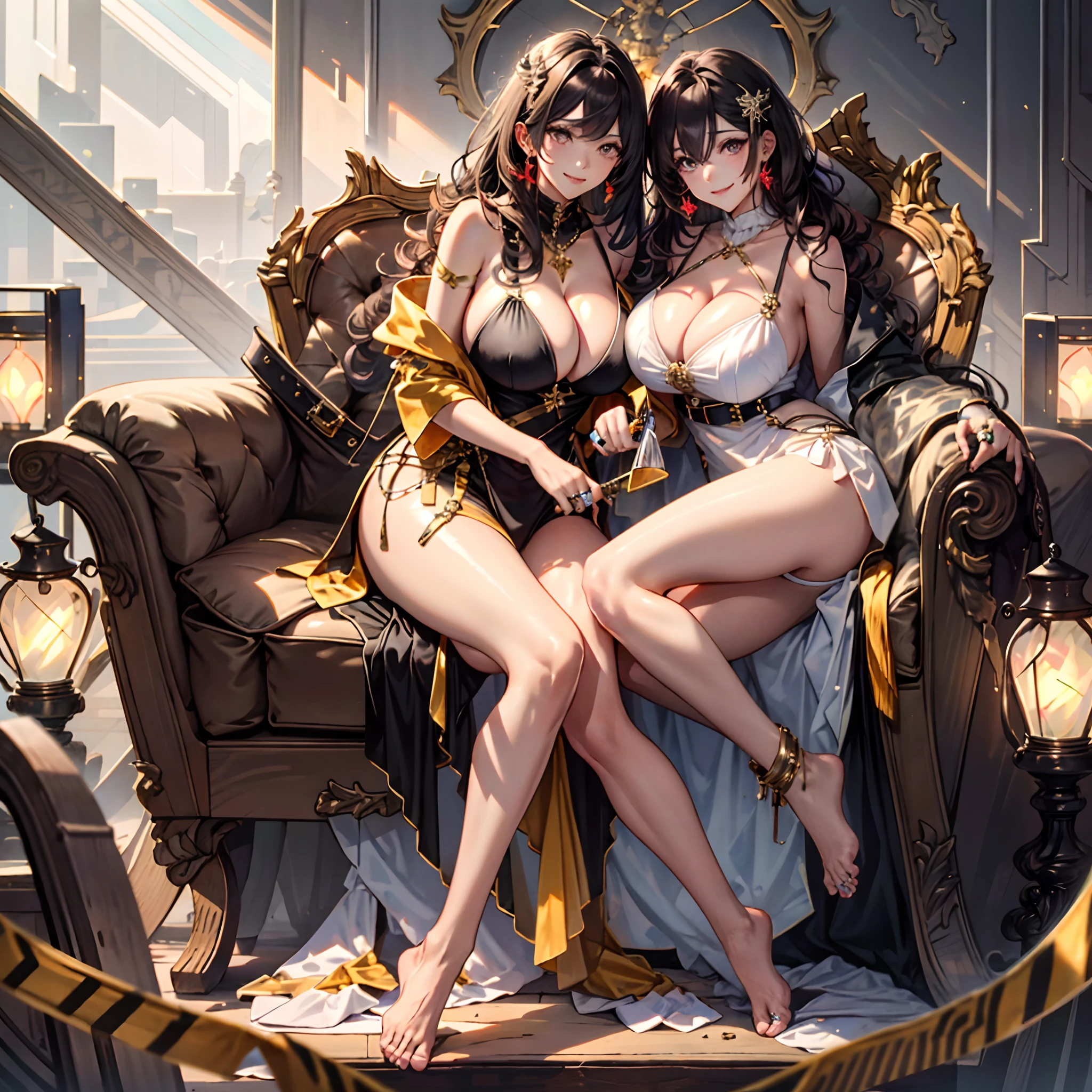 dark brown hair,1girll,Heavy shoulders,light smile,Glossy glossy skin,gigantic cleavage breasts,(Gas bangs),(Ring finger diamond ring),Fully transparent and thin,full bodyesbian,naked leg,Barefoot best quality,tmasterpiece,(realisticlying:1.4)