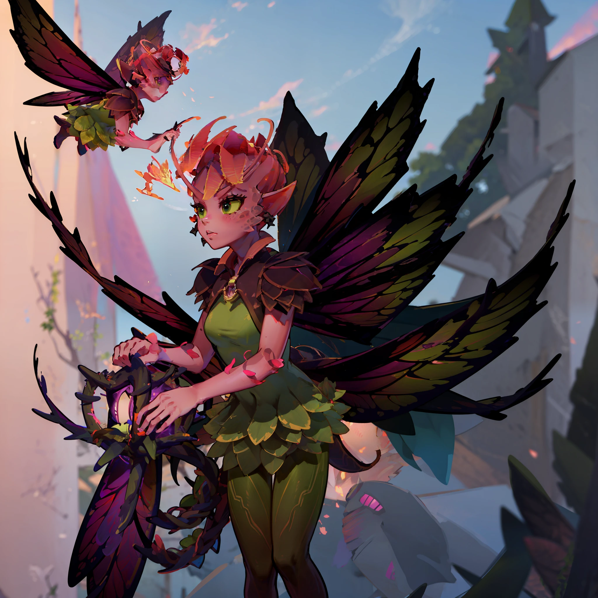 Dark Willow (Dota), 1girl, green dress, green pantyhose, shoulder pads, wings, cape, pixie, (pink body), pointy ears, fairy wings