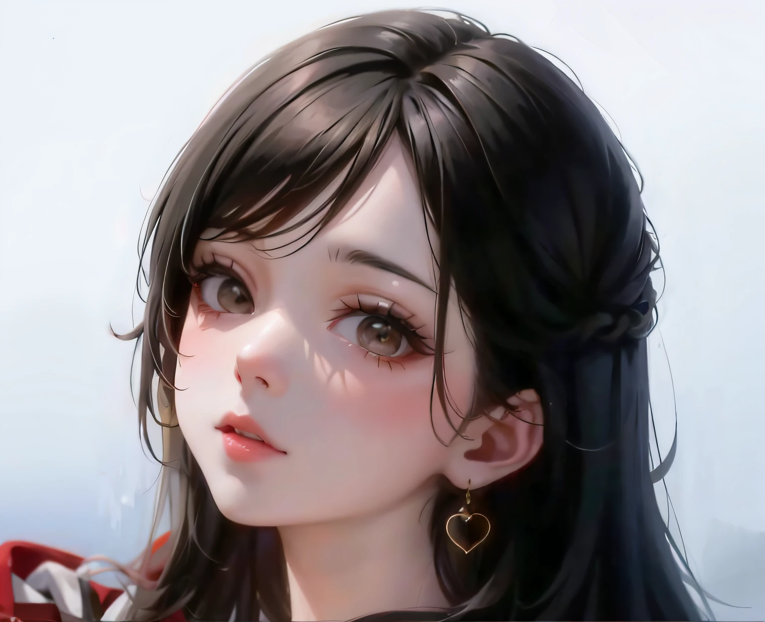 Anime girl with long black hair and earrings looking at the camera ...