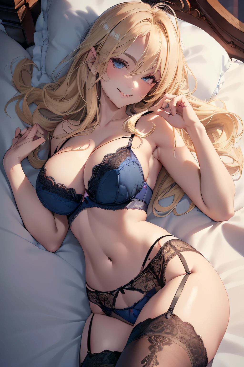 Solo Beautiful Sexy Woman, pretty classy woman, (((Lying on a bed on back:1.5))), Highly detailed blond long hair, Detailed shiny floating hair, ((Beautifully detailed face and eyes, Light entering the iris)), (Hair over one eye), (((eyes visible through hair))), (((Seductive smile, sardonic smile:1.4, seductive pose:1.4))), arm behind head, (((Chewy breasts:1.3, cleavage:1.4))), Glossy skin, Breast Focus, hourglass figure,
(((midnight blue lace bra and lace panties))), (((garter strap, Garter Belt, black Stockings))), From above, Indoors, Bedroom, (((incredibly absurdres, absolutely resolution, Ultra-detailed, highres, Extremely delicate and beautiful))), soft lighting