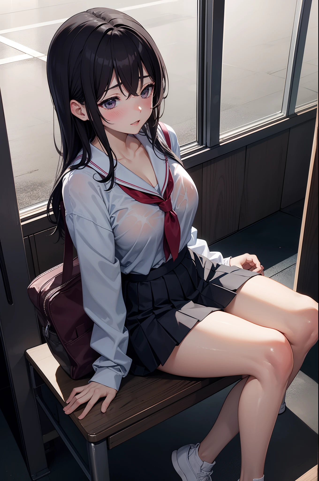 1 Japan High School Girls，Breast milk spillage in class、Bare legged，embarressed、Blush、The teacher lectures on the podium、JK sexual arousal、Masturbation，pubes、It's all liquid under the chair