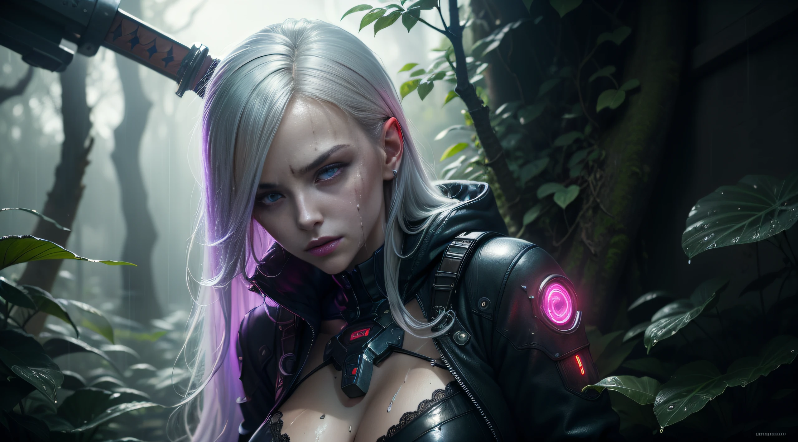Sexy neir automata , seductive , extremely realistic , highly detailed ,wet , rain , forest , cum , , sword , purple glowing eyes , evil , demonic , highly detailed face , realistic face , cyberpunk city , lust , hunger , parasite infected ,