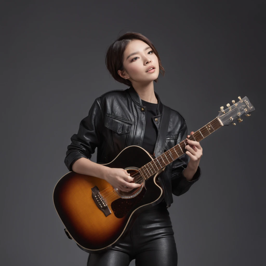 Clean and simple background,1 girl,T-shirt,Black leather pants,solo, Rock Singer, short hair, singing and playing guitar, cinematic, concert lighting, dynamic angle, beautiful detailed glow, full body, cowboy shot, Dreamy Glow, (Bokeh:1.5)