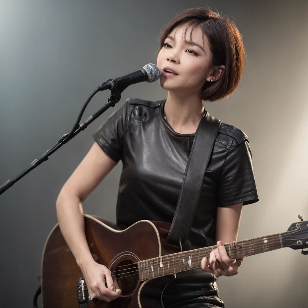 Clean and simple background,1 girl,T-shirt,Black leather pants,solo, Rock Singer, short hair, singing and playing guitar, cinematic, concert lighting, dynamic angle, beautiful detailed glow, full body, cowboy shot, Dreamy Glow， (Bokeh:1.5)