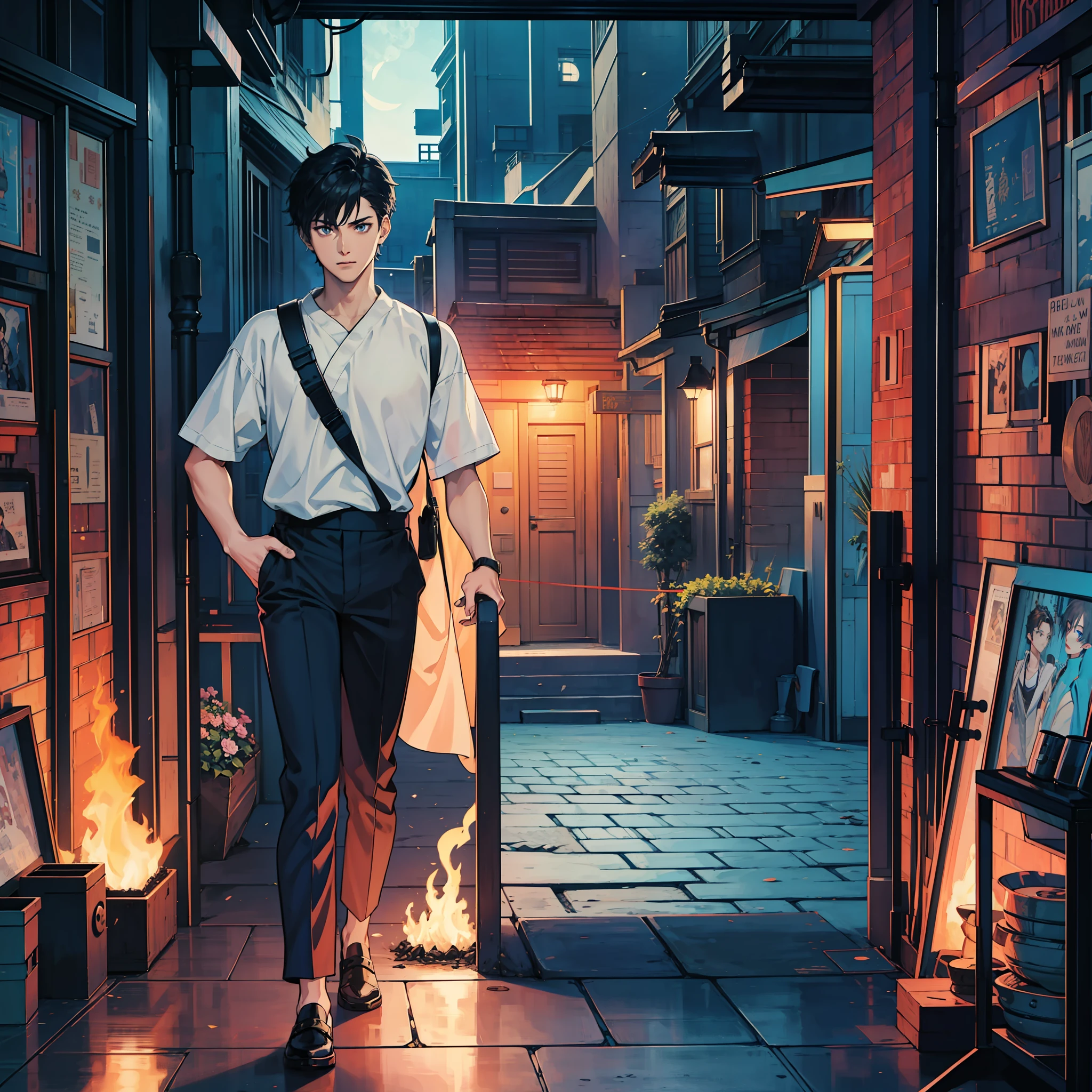 Modern town,the night,themoon,Urban anime boy looks serious,with short black hair,blue color eyes,Stand on the steps of the doorway,There is a brazier in front of the door,There is burning charcoal in the brazier,full bodyesbian,Faraway view, ig studios anime style, nightcore, style of anime4 K, High quality anime art style, Anime boy, young anime man, Anime art style, Digital anime illustration, Anime style. 8K, in an anime style, male anime character, Kawasi,best qualtiy:1.0),(超高分辨率:1.0),Anime boys,with short black hair,short- sleeved,Sporty wind,blue color eyes,Stand on the steps of the doorway,There is a brazier in front of the door,There is burning charcoal in the brazier,full bodyesbian,Faraway view