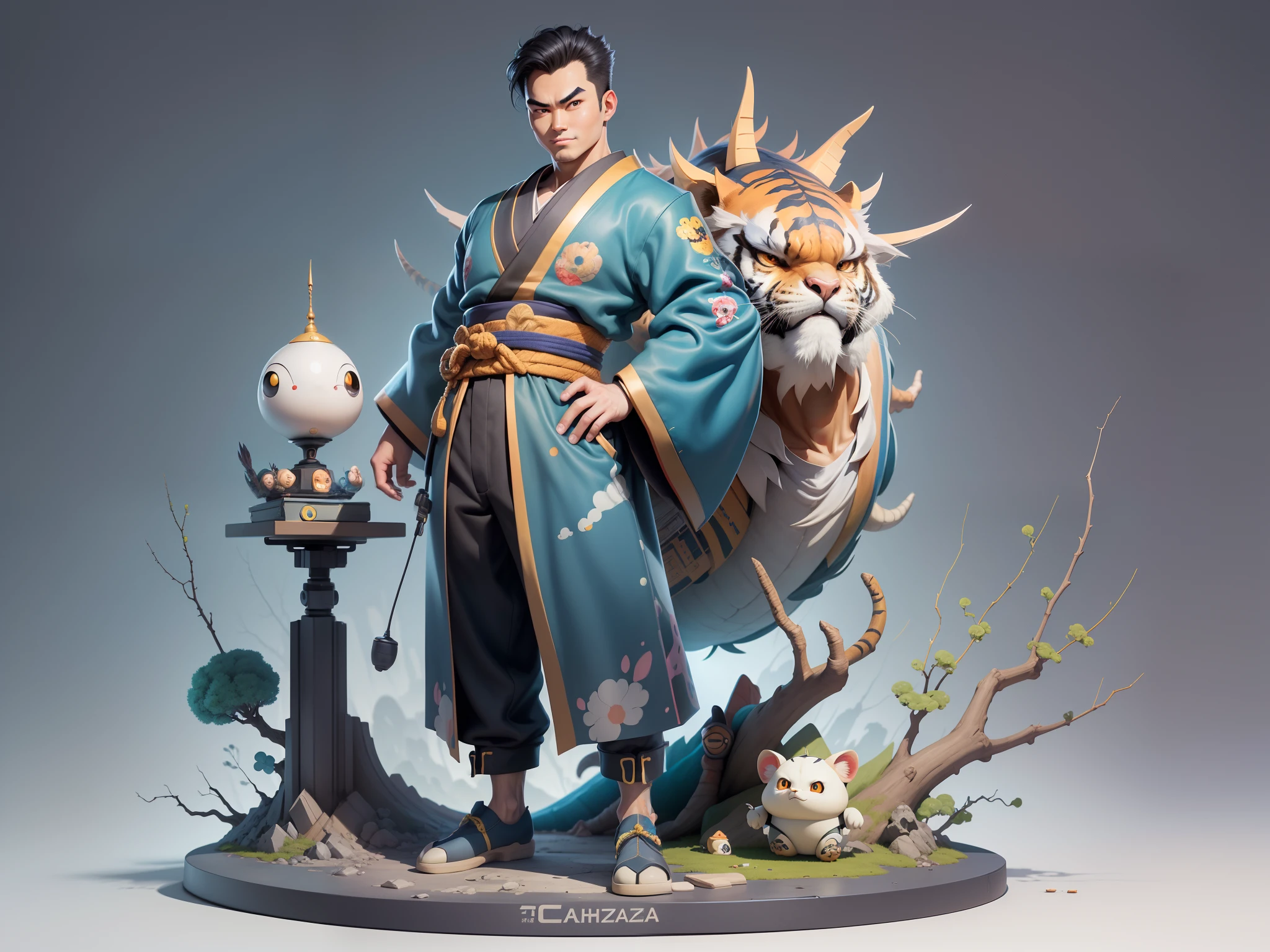 (Masterpiece), (Excellent), (Super Meticulous), (Full Body: 1.2), Super Young Man, Oriental Face, Japanese Kimono, Japanese Wind Thunder God, Dragon, Tiger, TV Anchor, Bust Portrait Illustration, Alone, Black Suit, Blue Tie, Slightly Chubby Face, Very Clean Face, No Beard, Black Super Short Hair, Black Eyes, Confident Smile, 3c Computer Sub-Products, iPad, iPhone, Digital Painting, 3D Character Design by Akira Toriyama and Mark Claireden and Pixar and Hayao Miyazaki, The illustration is a high-definition illustration in 4K resolution with very detailed facial features and cartoon-style visuals.