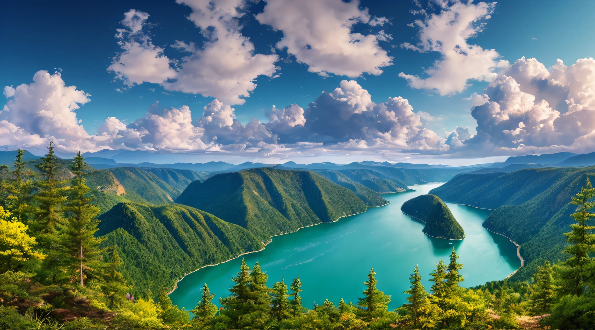 Masterpiece, best quality, high quality, extremely detailed CG unity 8k wallpaper, nature, tranquility, blue sky, clouds, mountains, trees, waterfalls, cliffs, lakes, rivers, cloudy sky, depth of field, HDR, realism, very detailed, intricate, high detail, dramatic, midway art.